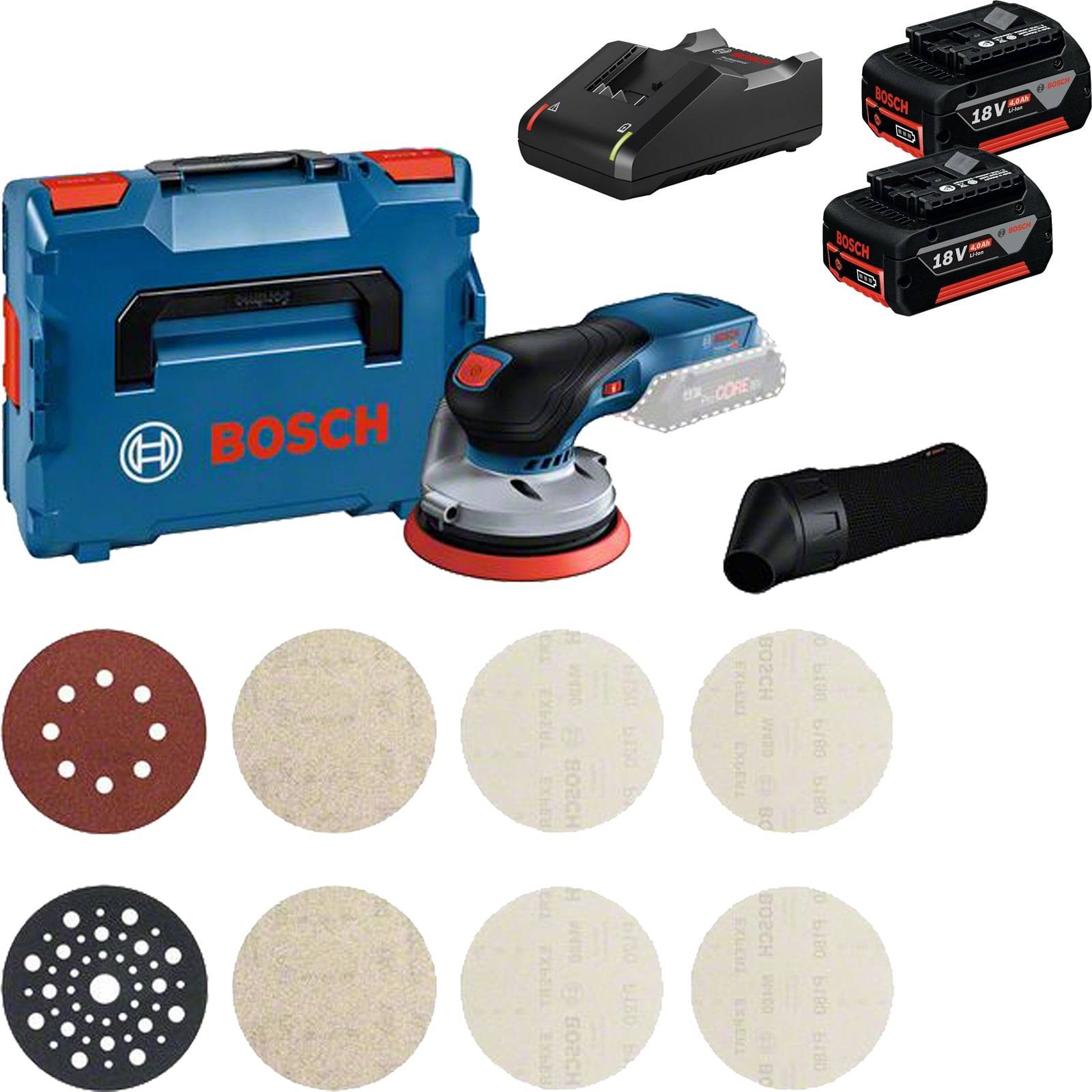 Exzenterschleifer-Set mit Bosch-Transportkoffer, zwei Akkus, Ladegerät, Staubbeutel und acht Schleifpads in verschiedenen Körnungen.
