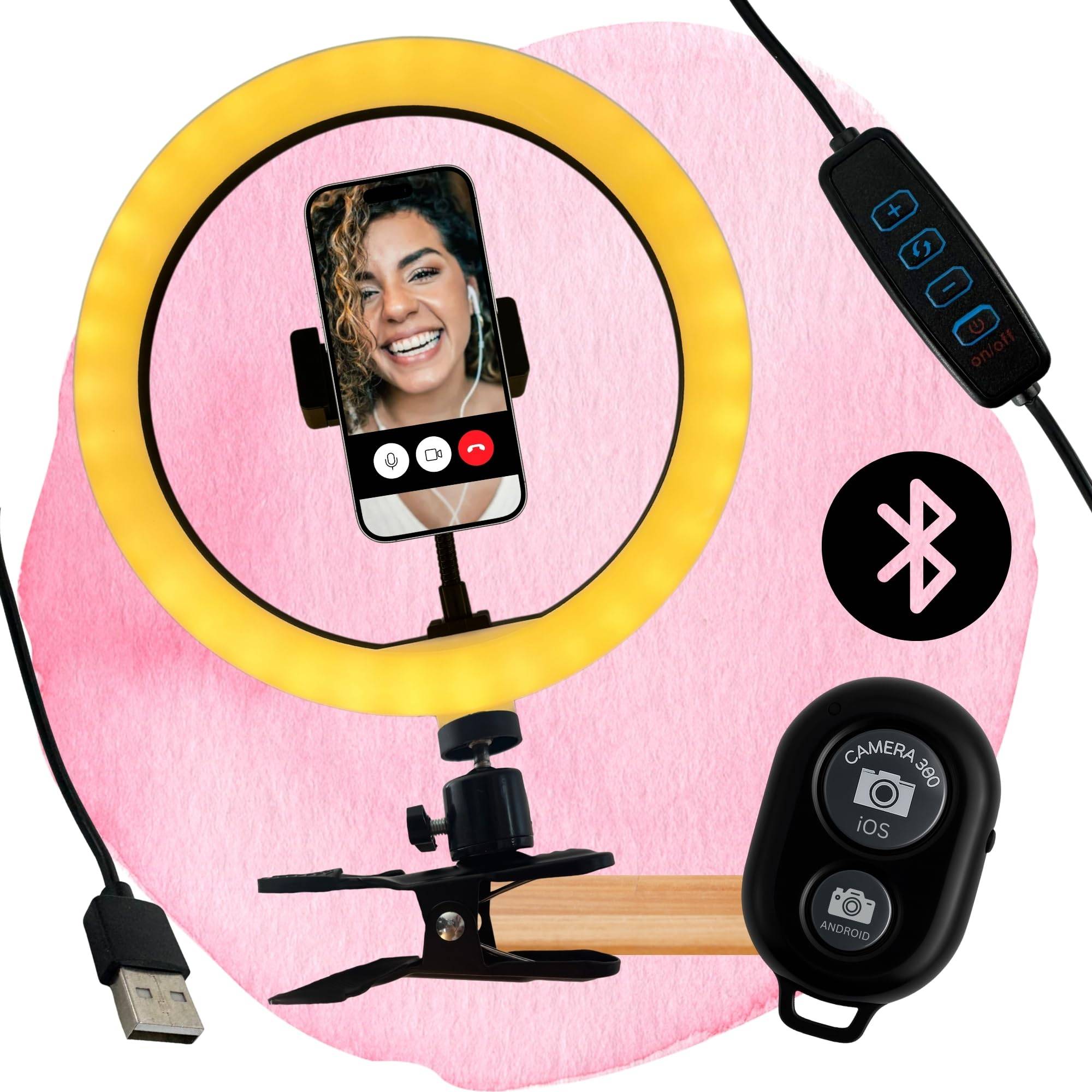 Ringlicht + Klemmhalterung + Selbstauslöser Bluetooth I Für Influencer Kit Selfie Klemmstativ Tisch Selfies Ring Lampe Leuchte LED Handyhalterung ko