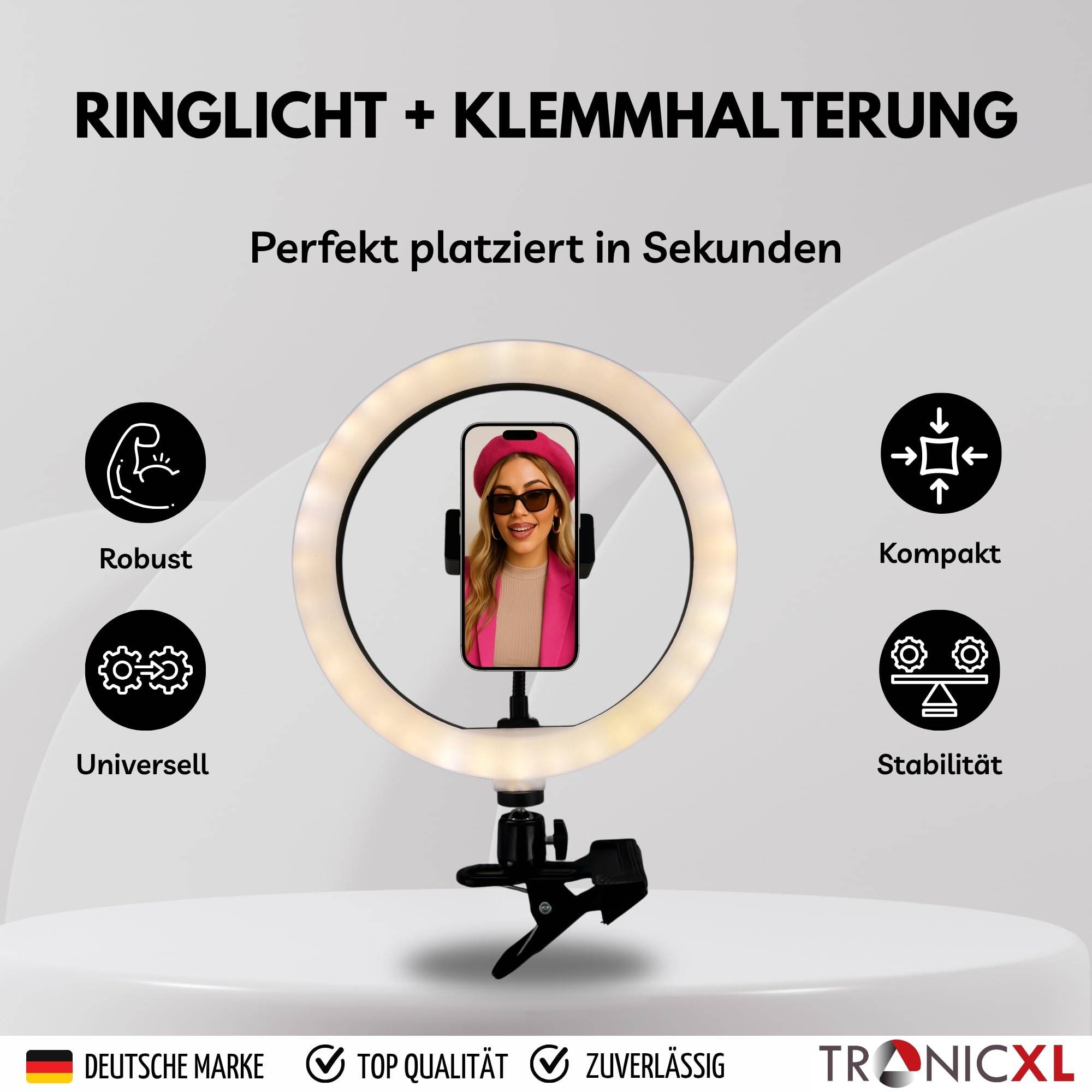 Ringlicht + Klemmhalterung + Selbstauslöser Bluetooth I Für Influencer Kit Selfie Klemmstativ Tisch Selfies Ring Lampe Leuchte LED Handyhalterung ko