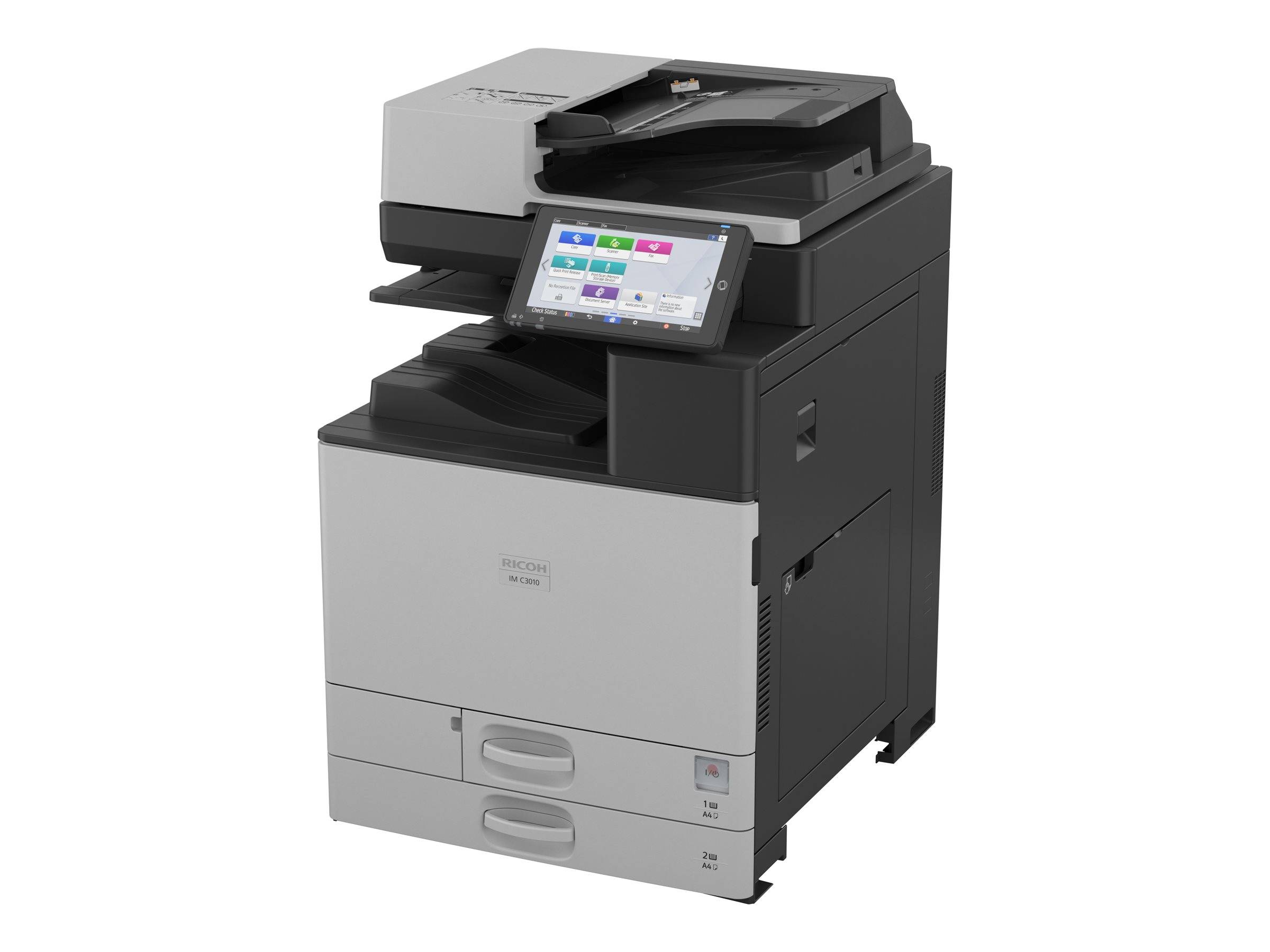 Ricoh-Multifunktionsdrucker mit Touchscreen und Papierfächern, entwickelt für den Bürogebrauch. Ausgestattet mit Tasten und Optionen für verschiedene Druckfunktionen.