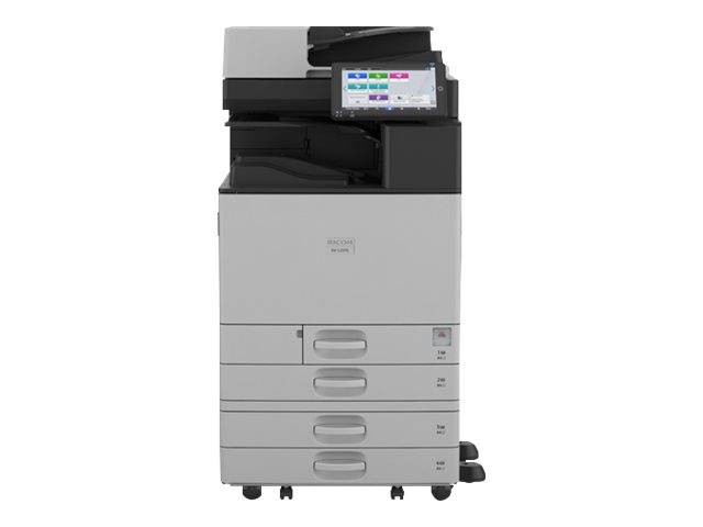 Ein Multifunktionsdrucker mit Touchscreen-Display, mehreren Papierfächern und einem kompakten Design, geeignet für den Bürogebrauch.