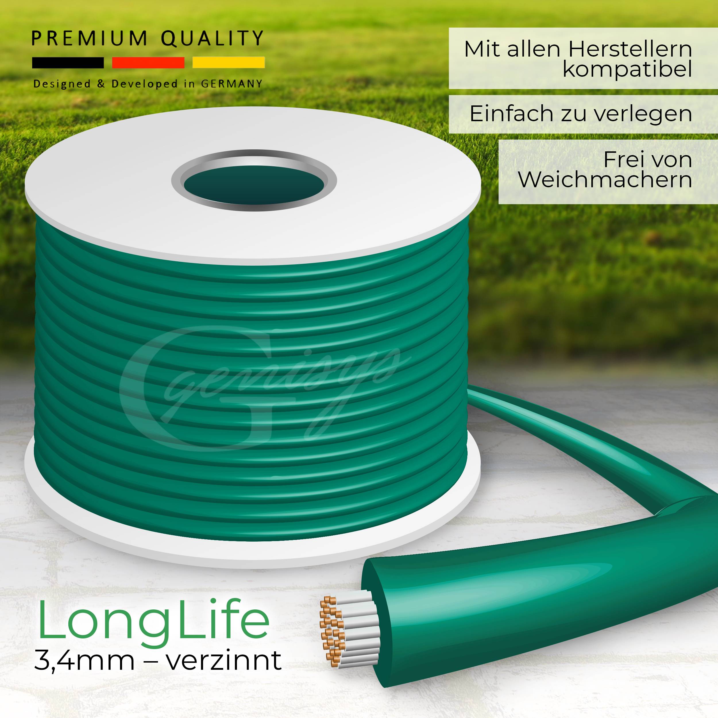 Genisys Kabel kompatibel mit LANDROID von WORX - 3,4mm Long Life - Mähroboter Begrenzung Draht - auf der Kabelrolle,100,Stück