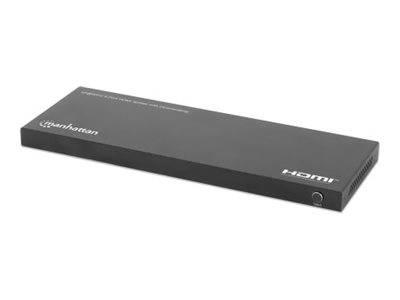 Eine schwarze Manhattan HDMI-Verteilerbox mit dem Text '4K UHD' und 'HDMI', der auf der Oberseite sichtbar ist. Die Box ist rechteckig und schlank.