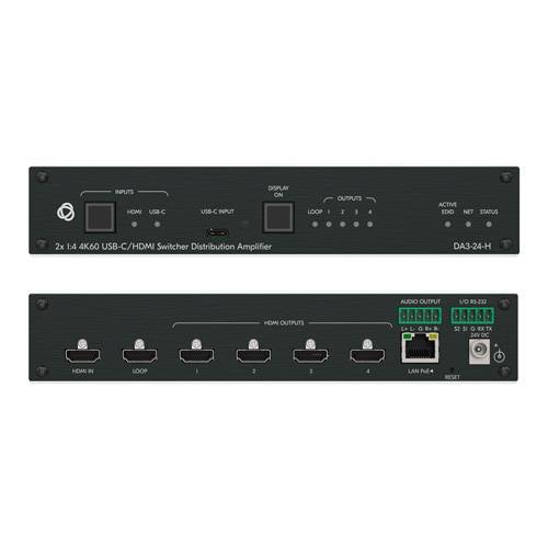 KRAMER DA3-24-H - 2:1 4K HDR HDMI-/USB-C Switcher & 1:4 Verteilverstärker (4K@60Hz | 4:4:4 | HDCP 2.2 | RS-232 | PoE)