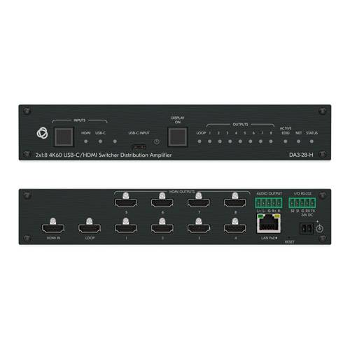 KRAMER DA3-28-H - 2:1 4K HDR HDMI-/USB-C Switcher & 1:8 Verteilverstärker (4K@60Hz | 4:4:4 | HDCP 2.2 | RS-232 | PoE)