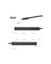 Produktdiagramm eines Club USB-C-Adapter-Hubs, das das Kabel und mehrere Anschlüsse auf dem rechteckigen Gerät zeigt.