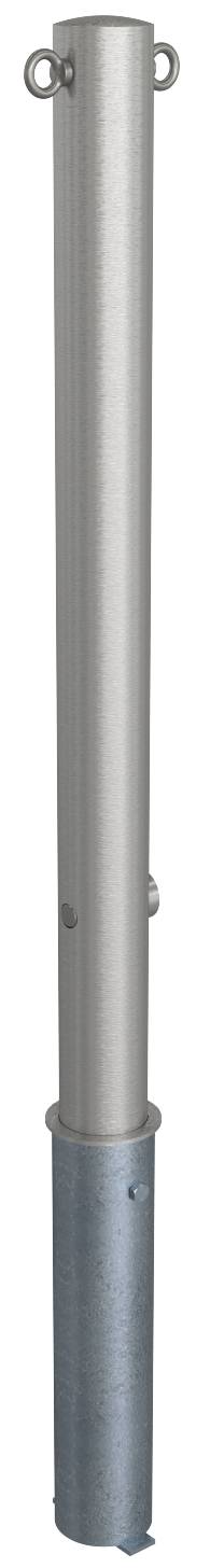 Schake 4072F+2 Edelstahlpfosten Ø 76 mm ohne Ziernut herausnehmbar, selbsteinrastende Verriegelung<br><br>mit feuerverzinkter Bodenhülse Typ 476.40<