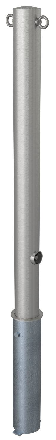 Schake 4072F+2 Edelstahlpfosten Ø 76 mm ohne Ziernut herausnehmbar, selbsteinrastende Verriegelung<br><br>mit feuerverzinkter Bodenhülse Typ 476.40<