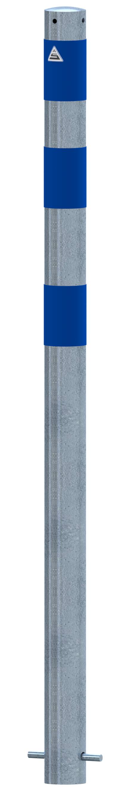 Schake 4L76SBL Absperrpfosten als E-Ladesäulenschutz Ø 76 mm feuerverzinkt <br><br>mit 3 blau reflektierenden Streifen Folie Typ RA1/A zum Einbetoni