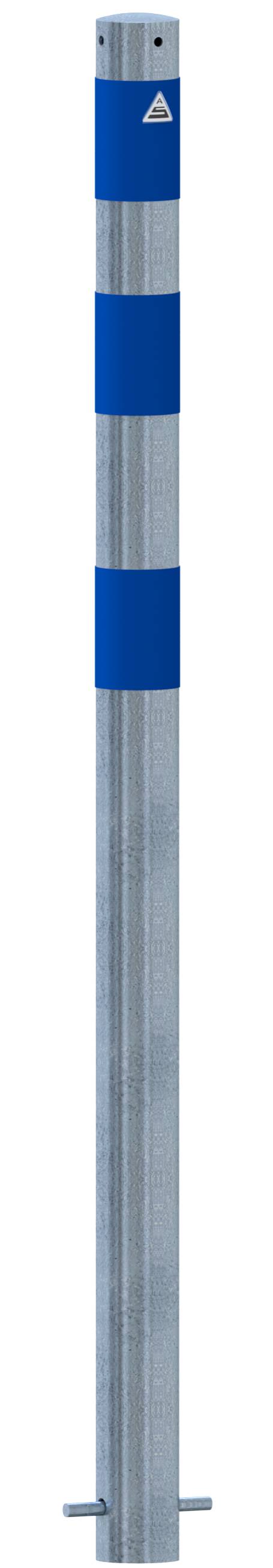 Schake 4L76SBL Absperrpfosten als E-Ladesäulenschutz Ø 76 mm feuerverzinkt <br><br>mit 3 blau reflektierenden Streifen Folie Typ RA1/A zum Einbetoni