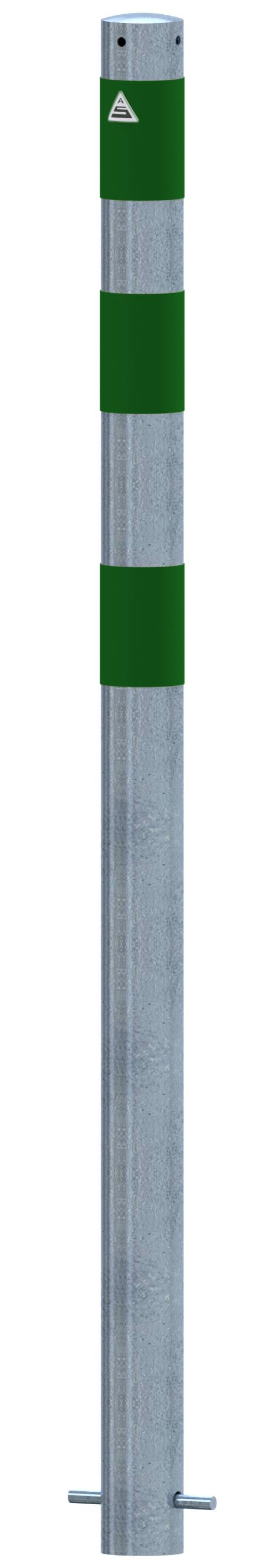 Schake 4L76SGR Absperrpfosten als E-Ladesäulenschutz Ø 76 mm feuerverzinkt <br><br>mit 3 grün reflektierenden Streifen Folie Typ RA1/A zum Einbeton