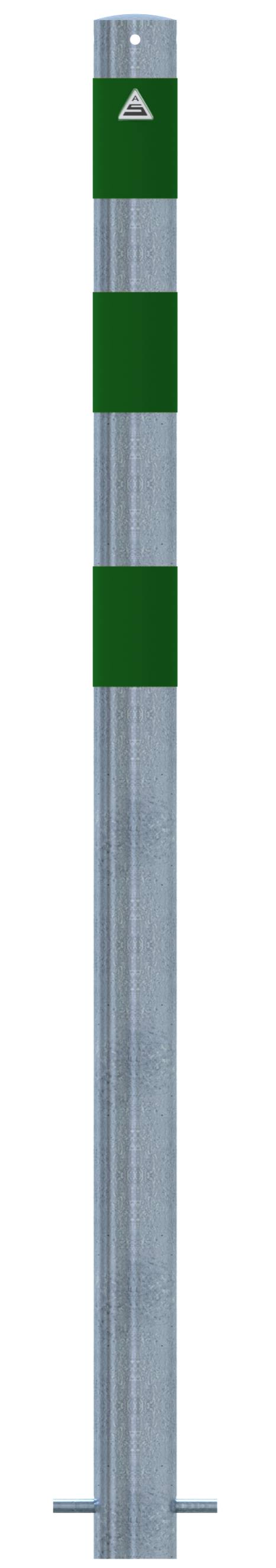 Schake 4L76SGR Absperrpfosten als E-Ladesäulenschutz Ø 76 mm feuerverzinkt <br><br>mit 3 grün reflektierenden Streifen Folie Typ RA1/A zum Einbeton