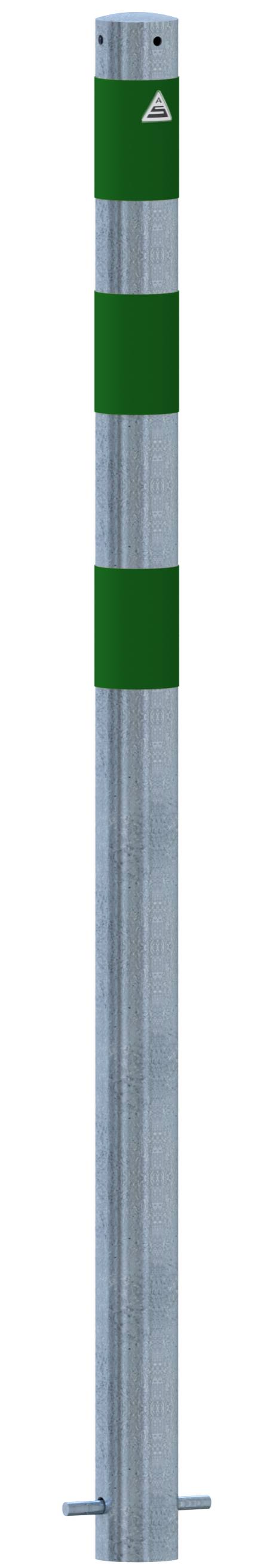 Schake 4L76SGR Absperrpfosten als E-Ladesäulenschutz Ø 76 mm feuerverzinkt <br><br>mit 3 grün reflektierenden Streifen Folie Typ RA1/A zum Einbeton