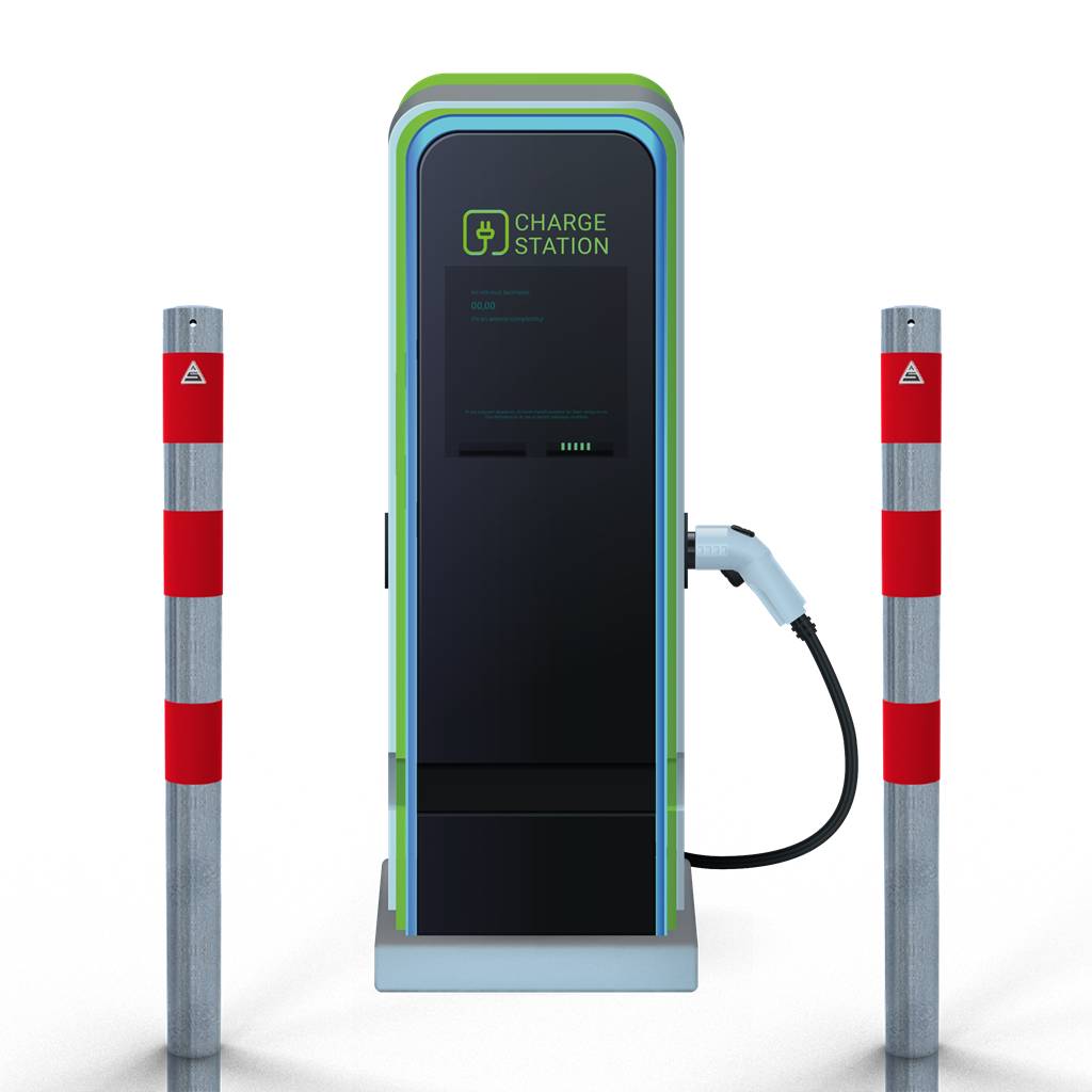 Schake 4L76SRO Absperrpfosten als E-Ladesäulenschutz Ø 76 mm feuerverzinkt <br><br>mit 3 rot reflektierenden Streifen Folie Typ RA1/A zum Einbetonie