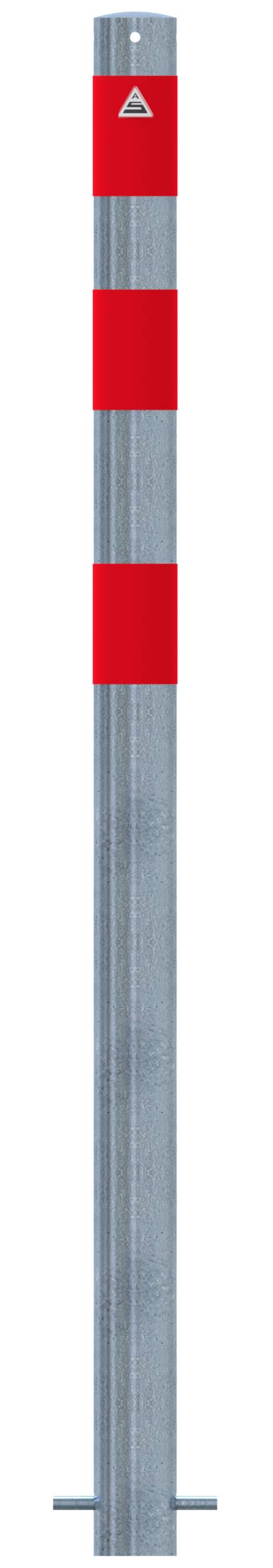 Schake 4L76SRO Absperrpfosten als E-Ladesäulenschutz Ø 76 mm feuerverzinkt <br><br>mit 3 rot reflektierenden Streifen Folie Typ RA1/A zum Einbetonie