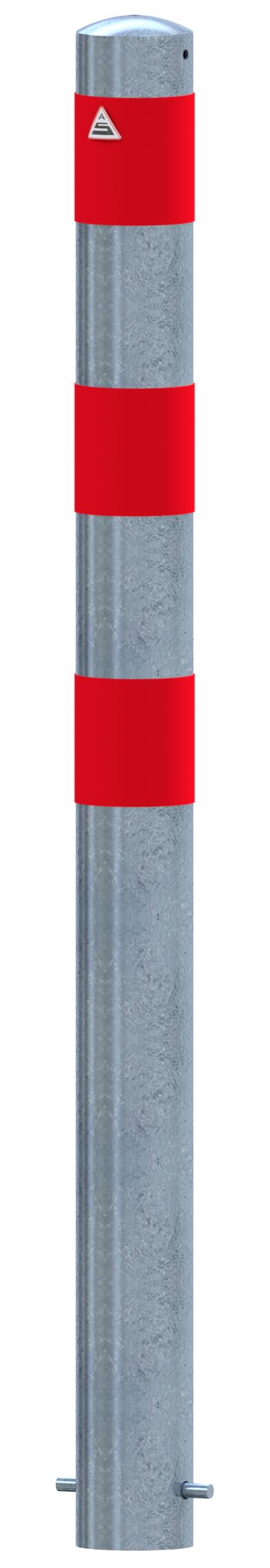 Schake 4L91SRO Absperrpoller als E-Ladesäulenschutz Ø 102 mm feuerverzinkt <br><br>mit 3 rot reflektierenden Streifen Folie Typ RA1/A zum Einbetonie