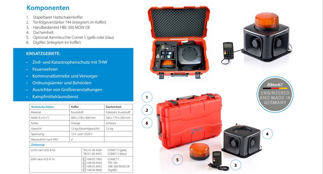 Mobiles Warn- und Kommunikationssystem, Hänsch MOWACOM 2.0, Gelbe LED Kennleuchte Comet S, 12 Volt