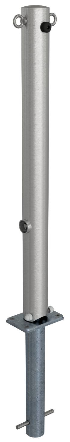 Schake 4072FUH+2 Edelstahlpfosten Ø 76 mm ohne Ziernut umlegbar, selbsteinrastende Verriegelung<br><br>zum Einbetonieren, mit feuerverzinkter Bodenh