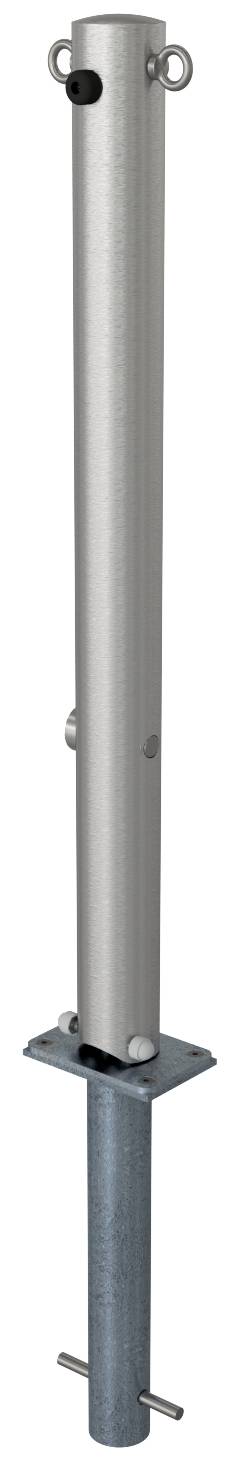 Schake 4072FUH+2 Edelstahlpfosten Ø 76 mm ohne Ziernut umlegbar, selbsteinrastende Verriegelung<br><br>zum Einbetonieren, mit feuerverzinkter Bodenh