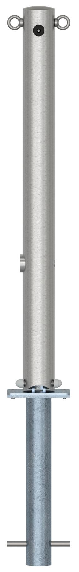 Schake 4072FUH+2 Edelstahlpfosten Ø 76 mm ohne Ziernut umlegbar, selbsteinrastende Verriegelung<br><br>zum Einbetonieren, mit feuerverzinkter Bodenh