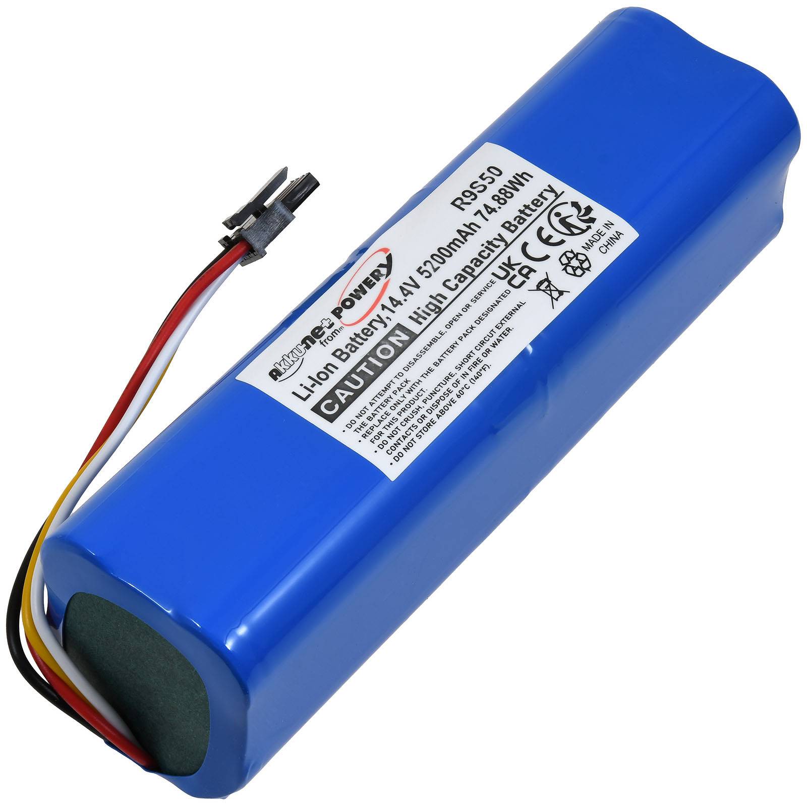 Blauer zylindrischer wiederaufladbarer Batteriepack mit angebrachten roten, schwarzen und gelben Drähten und einem Etikett, das die Kapazität von 14,8V 5200mAh anzeigt.
