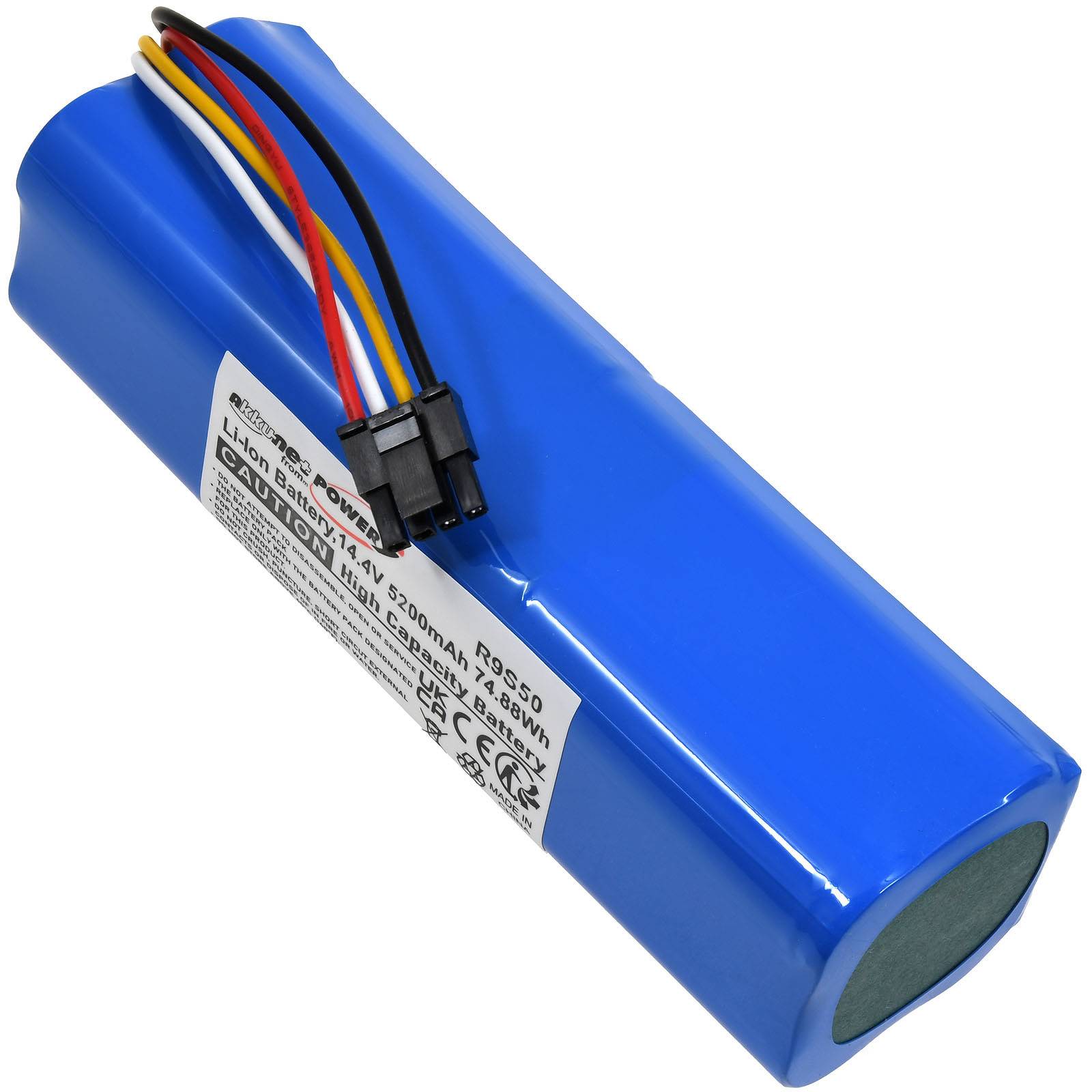 Blauer wiederaufladbarer Lithium-Ionen-Akkupack mit angebrachten Drähten und Steckerverbinder auf weißem Hintergrund.