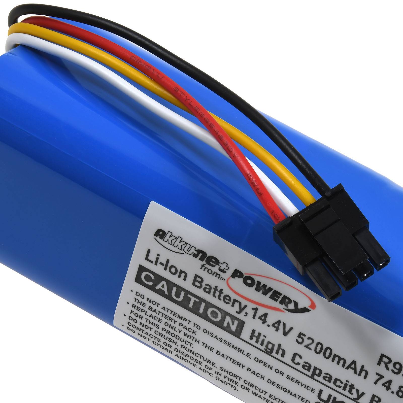 Blauer zylindrischer aufladbarer Li-Ionen-Akku mit angebrachtem Stecker und roten, gelben, schwarzen und blauen Drähten; Das Etikett zeigt „Li-Ionen-Akku