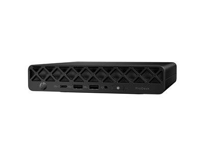 Ein kompakter schwarzer HP ProDesk Mini-Desktopcomputer mit USB-Anschlüssen an der Vorderseite, Audiobuchse und Ein-/Aus-Schalter.