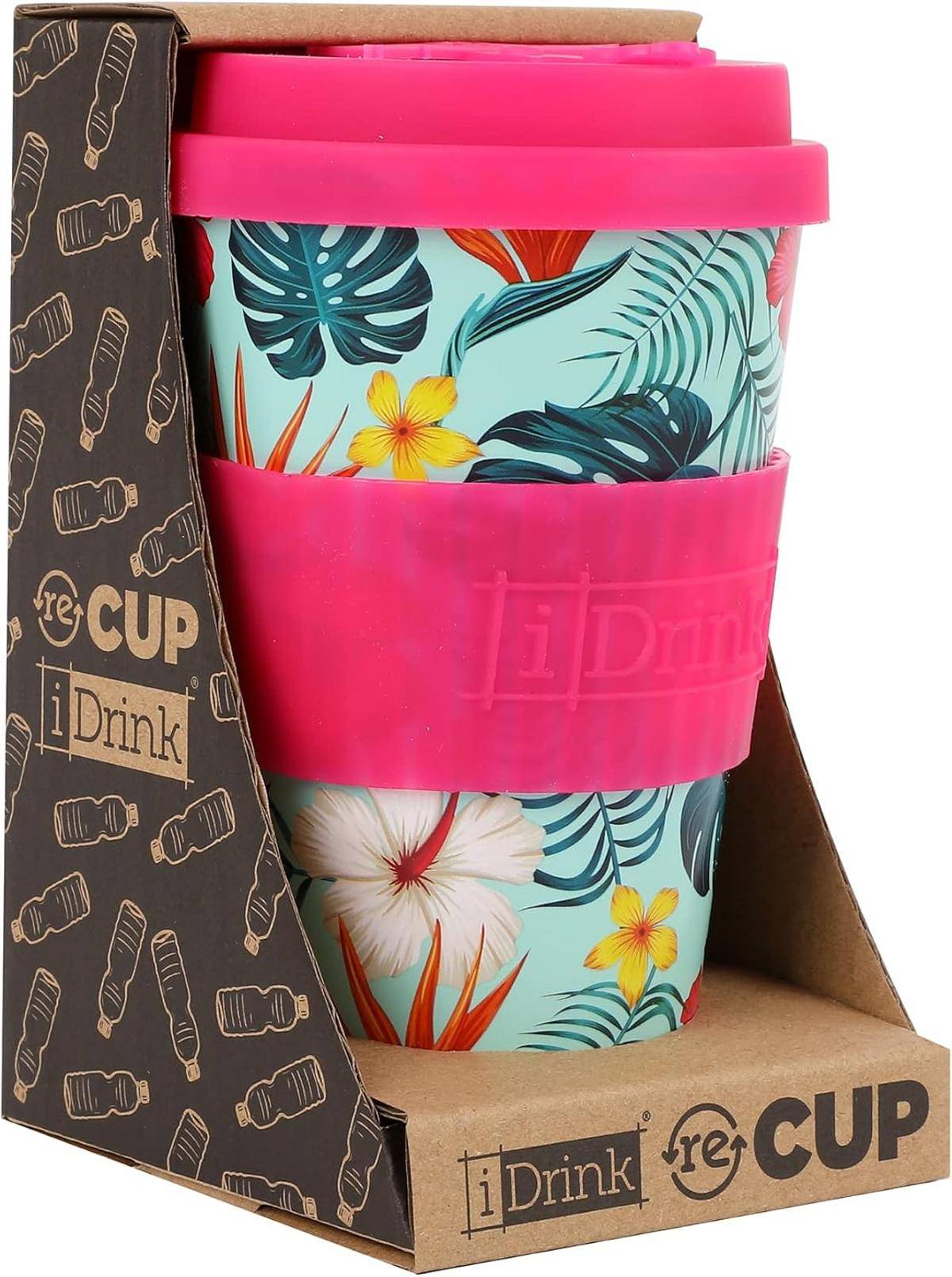 IDRINK®- RPET-Kaffeebecher Silikonverschluss 435 ml Becher Tropical