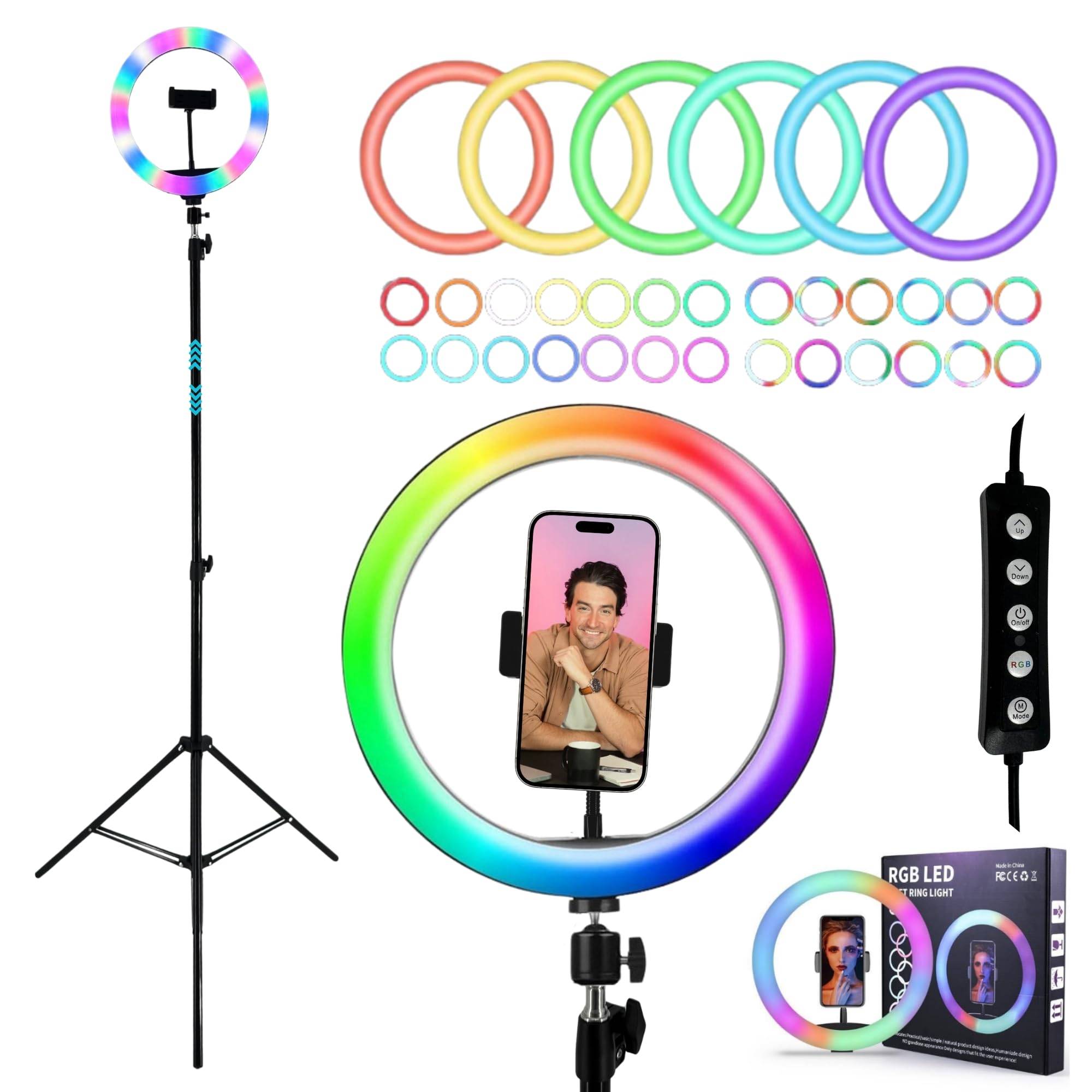 RGB LED Ringlicht mit 210cm Stativ groß + Ring Light mit Smartphone Halterung Tripod Beauty Licht Kamerastativ Handy Halter I für TikTok YouTube Str