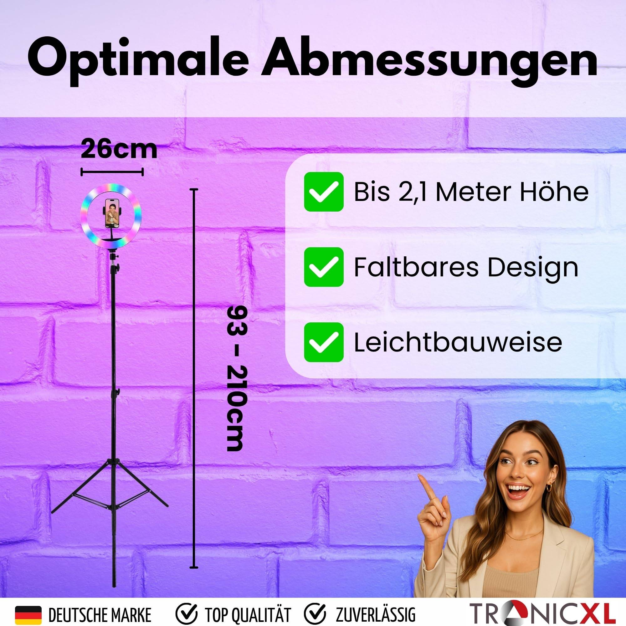 RGB LED Ringlicht mit 210cm Stativ groß + Ring Light mit Smartphone Halterung Tripod Beauty Licht Kamerastativ Handy Halter I für TikTok YouTube Str