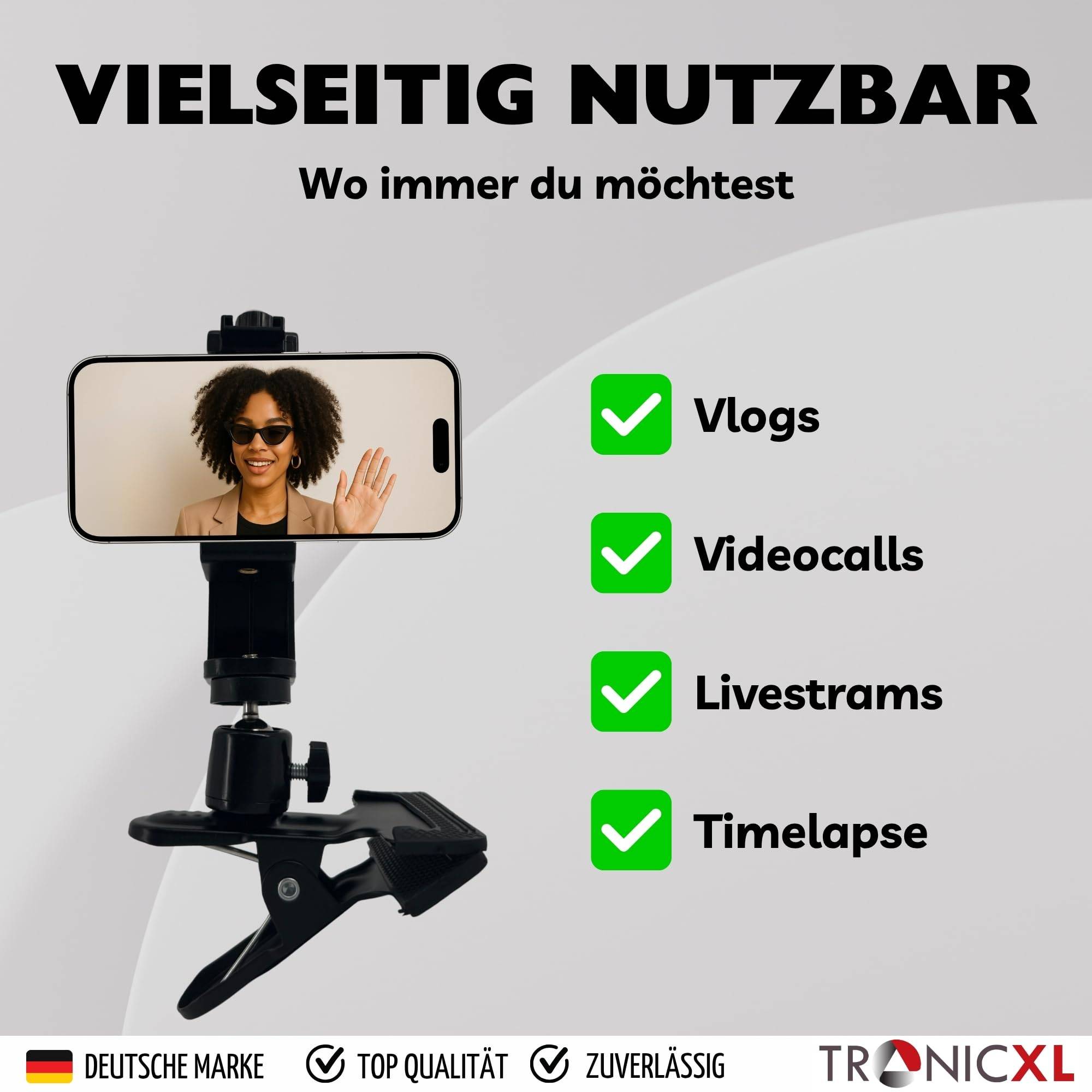 Smartphone Halterung Tisch drehbar vertikal horizontal Klemmstativ Tischhalterung Handy kompatibel mit Apple iPhone Samsung Xiaomi Google Sony