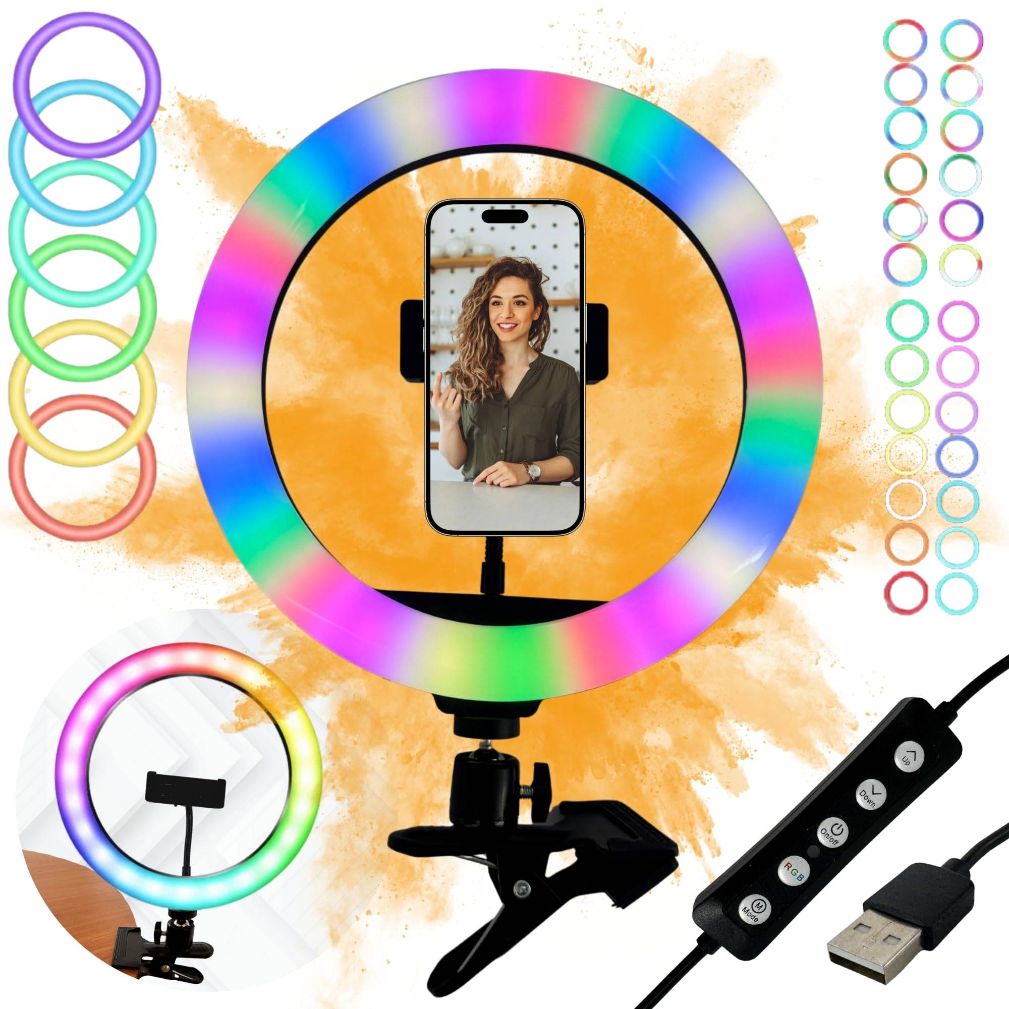 RGB Ringlicht 10 Zoll + Klemmhalterung Klemmstativ für Tisch Selfie Influencer Lampe Leuchte LED für TikTok YouTube Instagram Foto Video Handyhalter