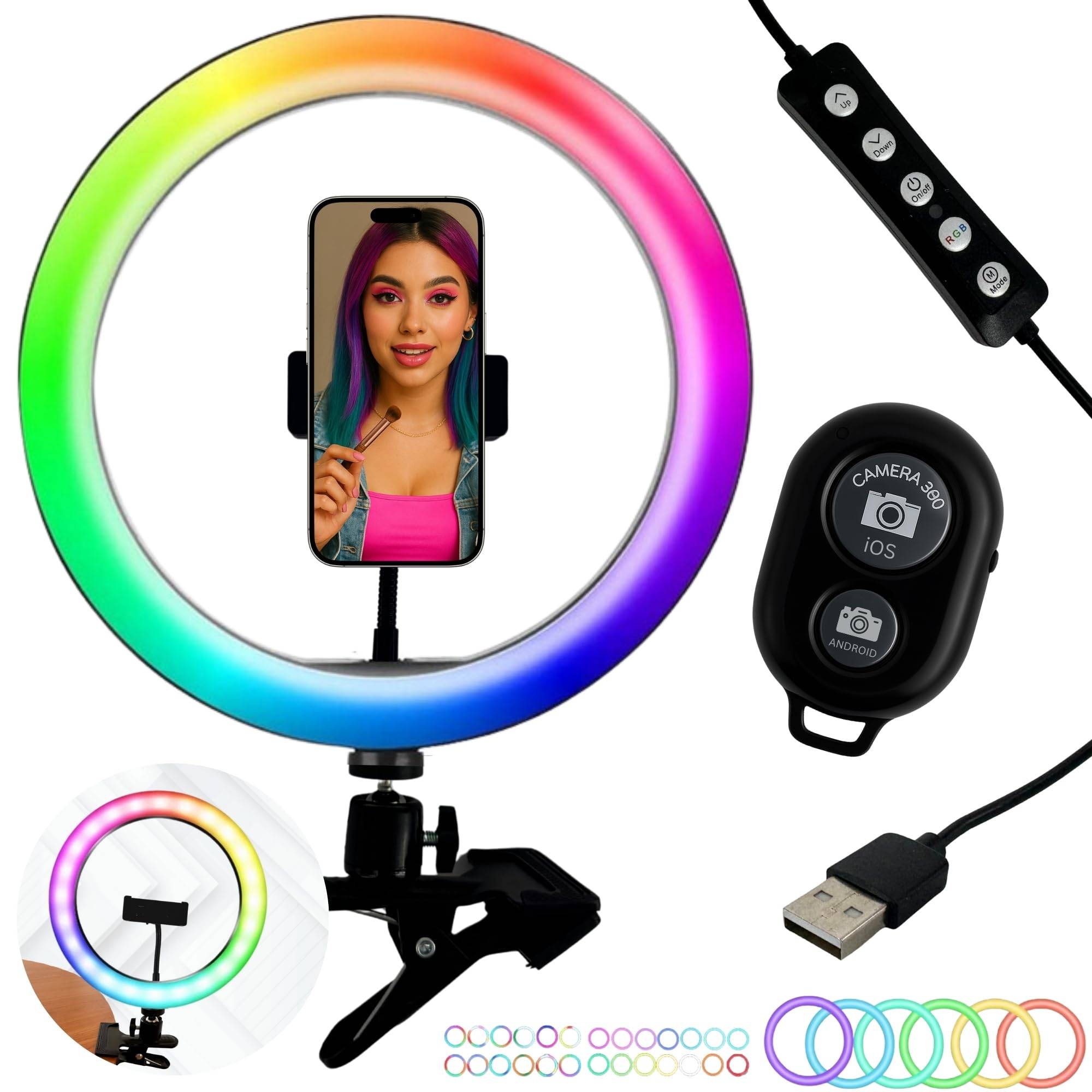 RGB Ringlicht mit Stativ Klemmstativ Tisch Auslöser Bluetooth Selfie Influencer Set Kit Handy Halterung Smartphone