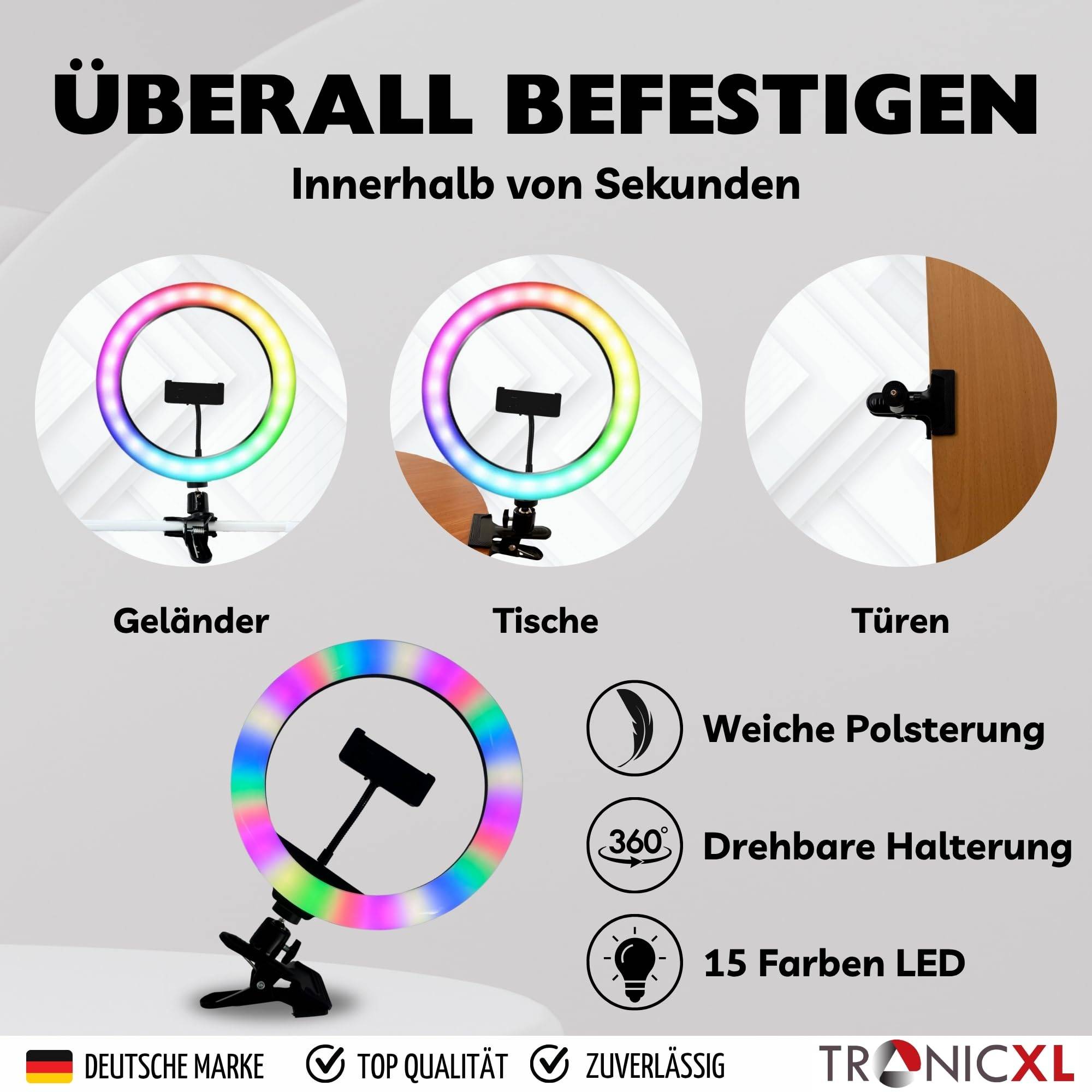 RGB Ringlicht mit Stativ Klemmstativ Tisch Auslöser Bluetooth Selfie Influencer Set Kit Handy Halterung Smartphone