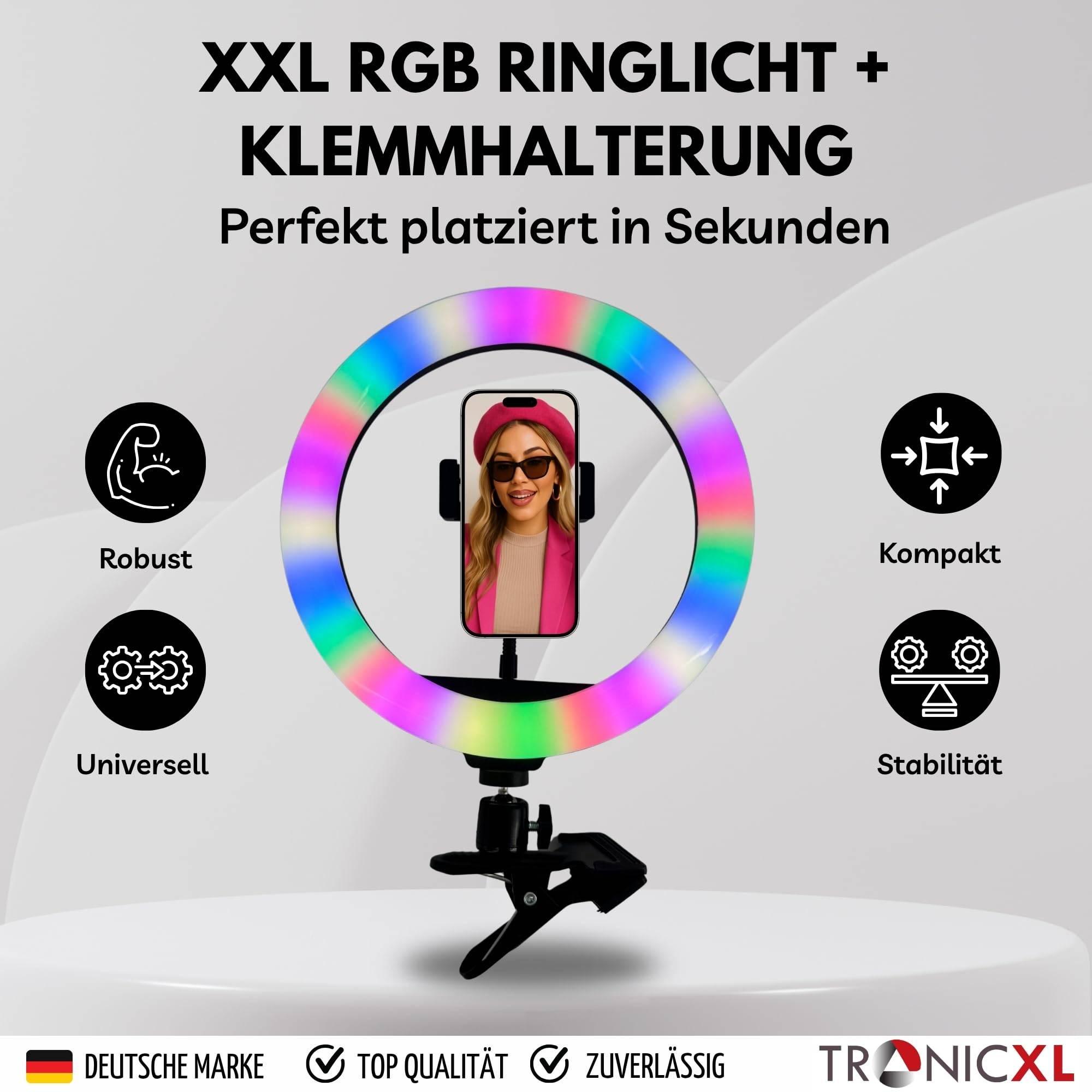 RGB Ringlicht mit Stativ Klemmstativ Tisch Auslöser Bluetooth Selfie Influencer Set Kit Handy Halterung Smartphone