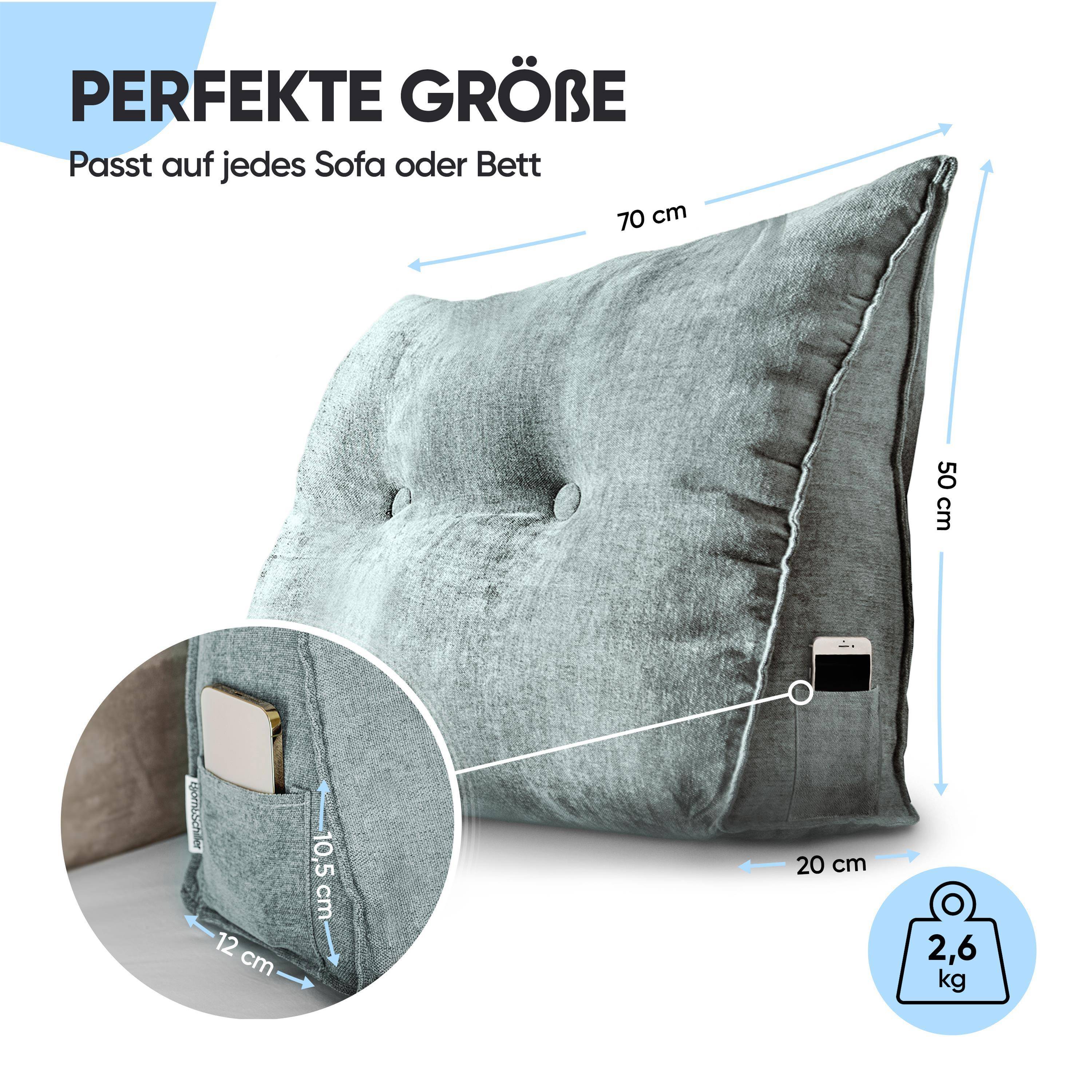 Björn&Schiller Rückenkissen grau, 70 cm - Sitzkissen für Bett und Sofa, Keilkissen, Rückenpolster für die Wand, Lesekissen mit waschbarem Bezug
