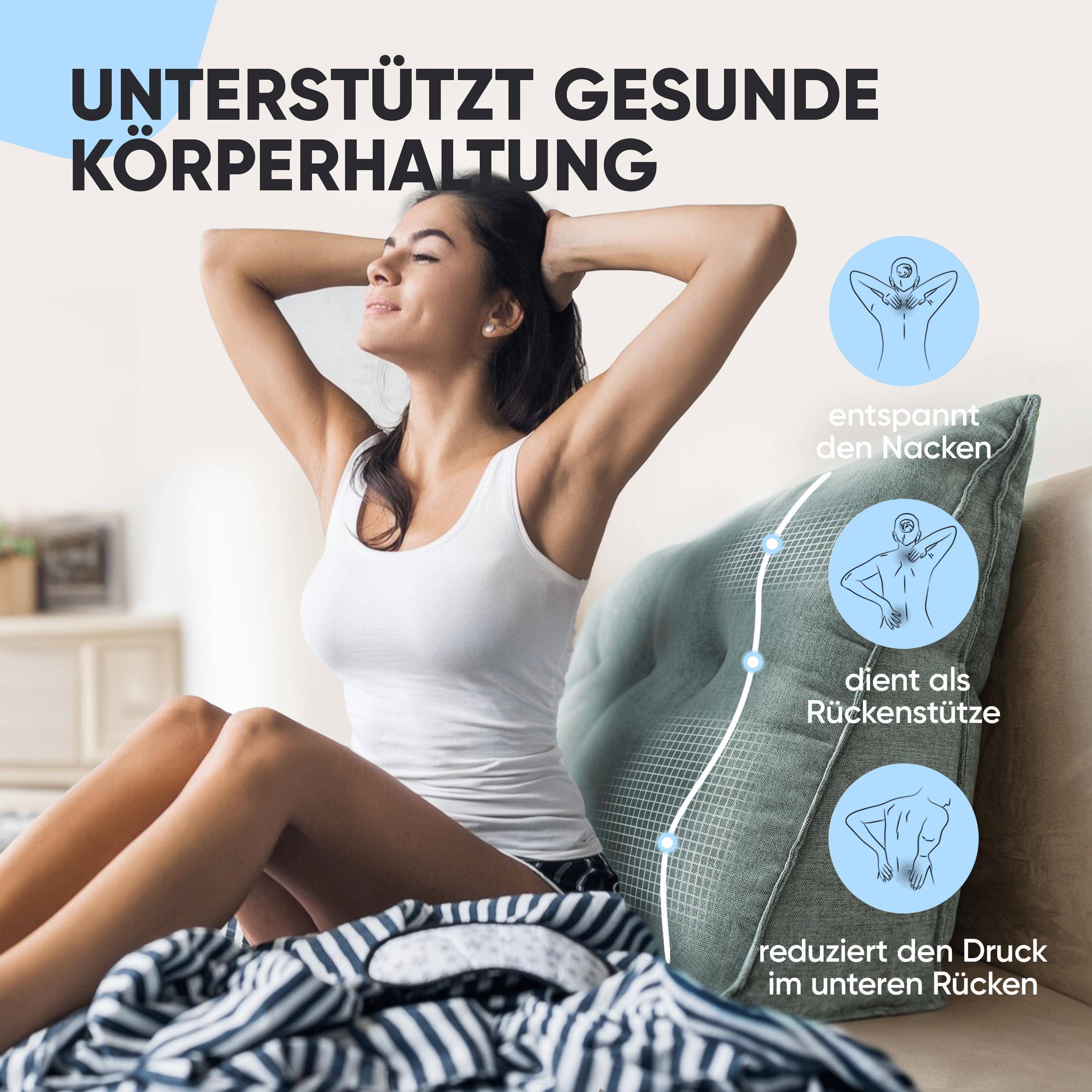 Björn&Schiller Rückenkissen grau, 70 cm - Sitzkissen für Bett und Sofa, Keilkissen, Rückenpolster für die Wand, Lesekissen mit waschbarem Bezug