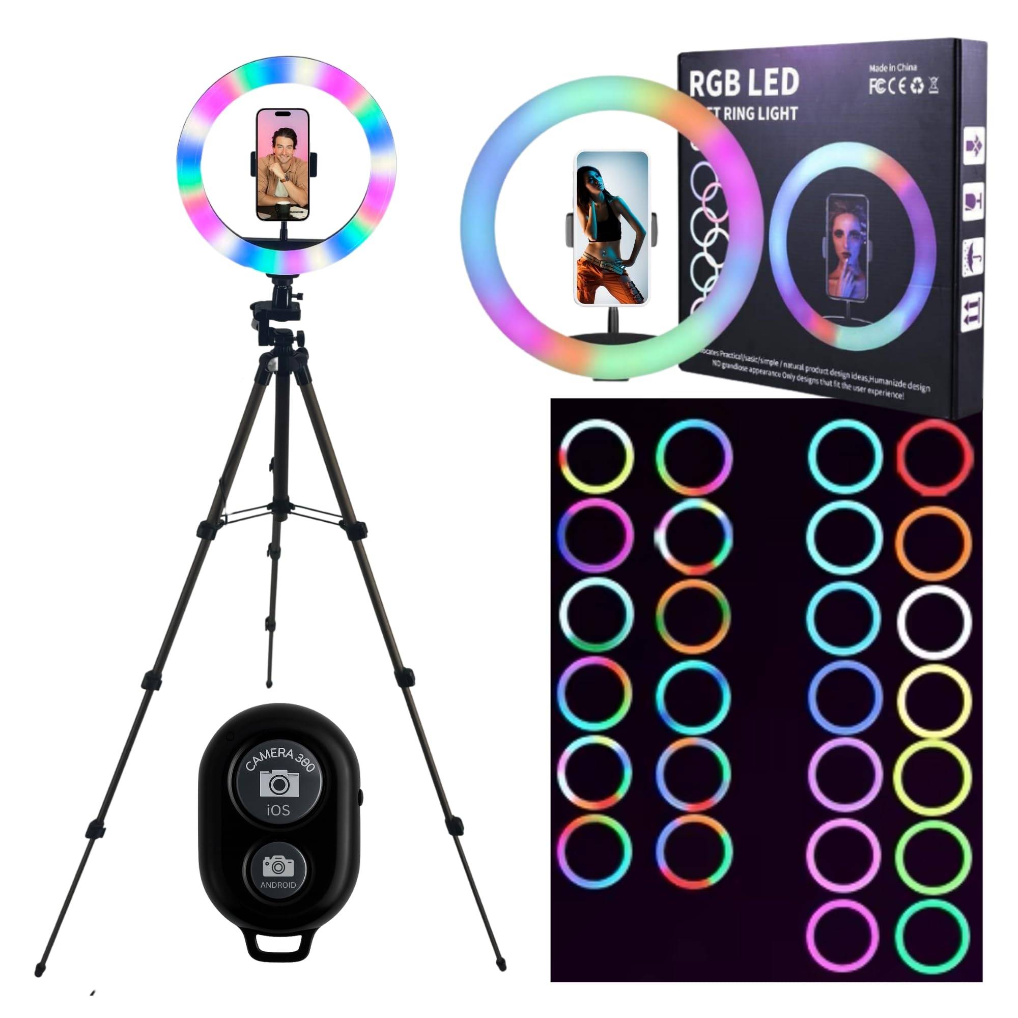 RGB Ringlicht + 1,05m Premium Stativ + Selbstauslöser für iPhone Smartphone Kamerastativ Tripod mit Ringleuchte Ringlampe Handy Halterung für Foto