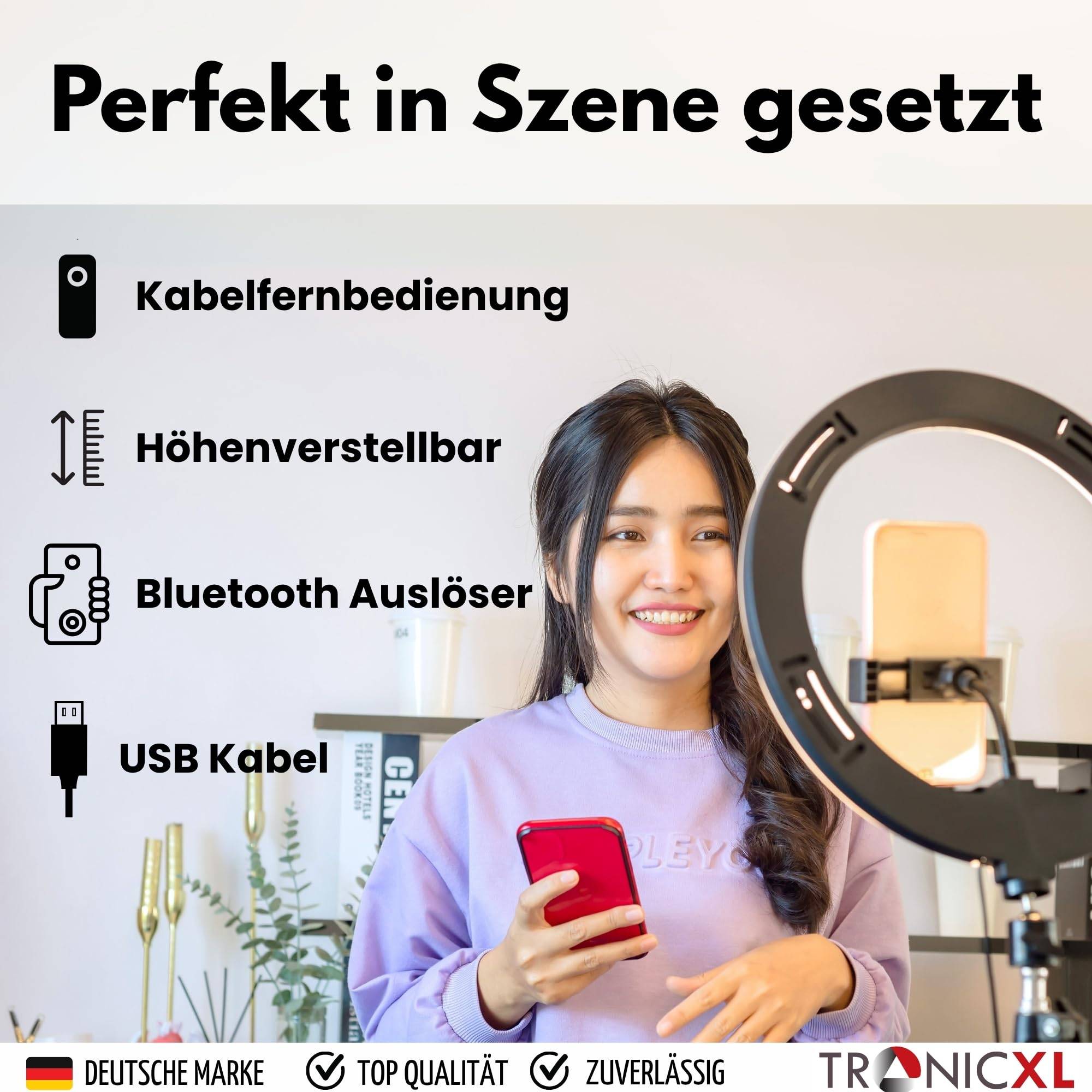 RGB Ringlicht + 1,05m Premium Stativ + Selbstauslöser für iPhone Smartphone Kamerastativ Tripod mit Ringleuchte Ringlampe Handy Halterung für Foto