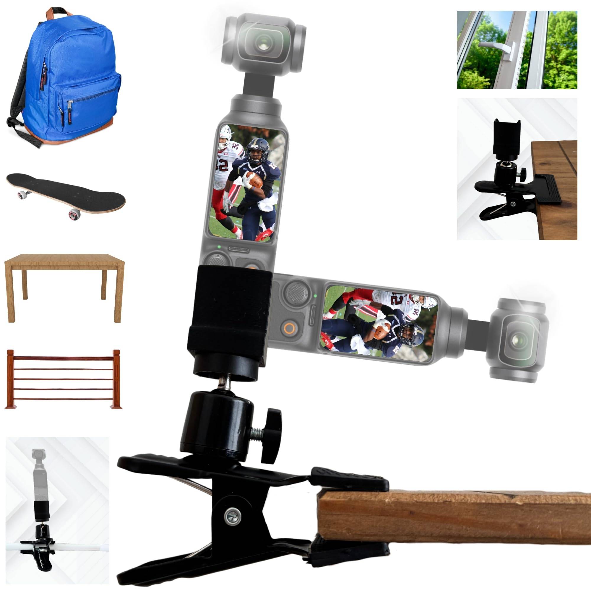 Klemmstativ kompatibel mit OSMO Pocket 1 2 3 Halterung Tischplatte Rucksack Fenster Rucksackclip Adapter Zubehör für DJI Pocket OSMO Action Kamera