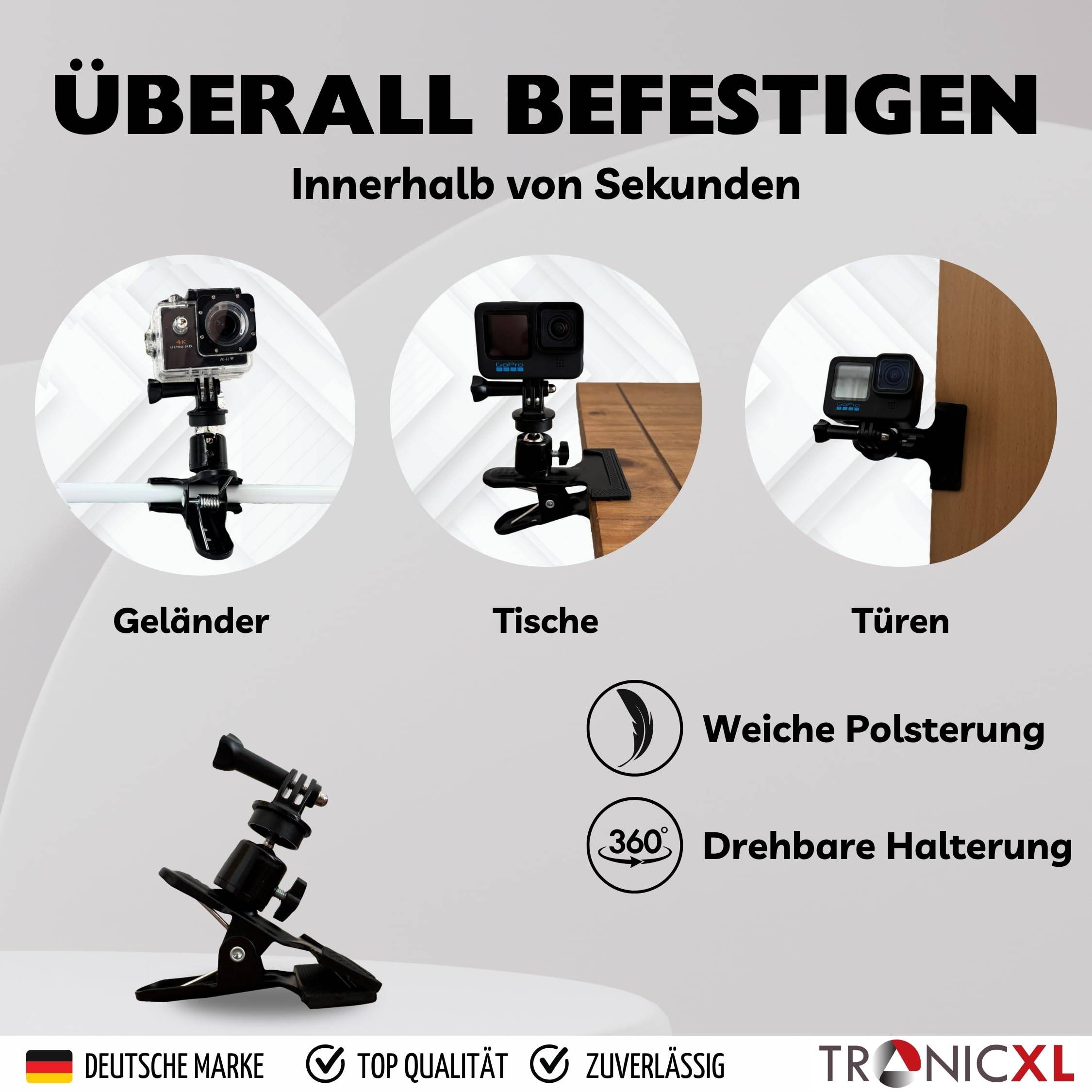 Actioncam Klemmhalterung Halterung Klemme Klemmstativ Tisch Tischplatte Skateboard Surfbrett Longboard Befestigung kompatibel mit GoPro Hero Zubehör