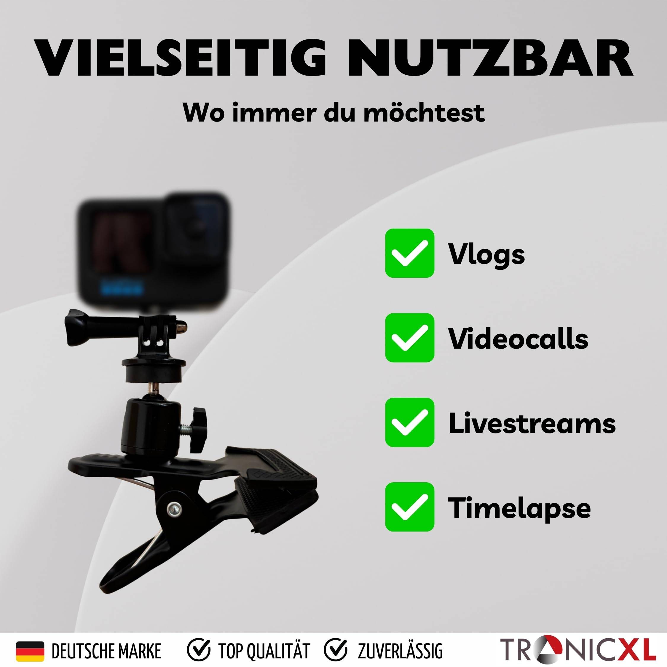 Actioncam Klemmhalterung Halterung Klemme Klemmstativ Tisch Tischplatte Skateboard Surfbrett Longboard Befestigung kompatibel mit GoPro Hero Zubehör