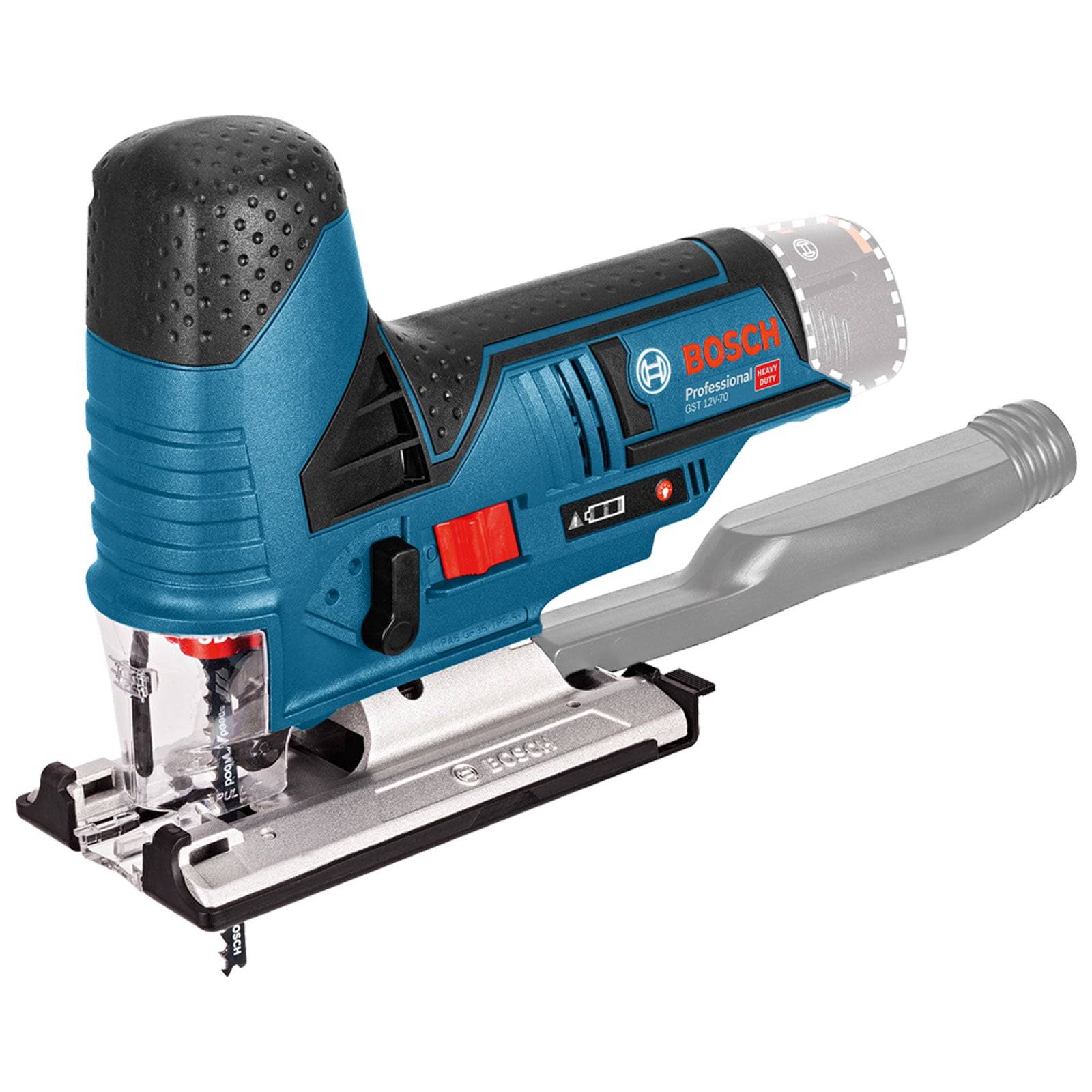 Eine blaue und schwarze Bosch Professional Stichsäge mit Griffhandhabung, die ihre Sägeblatt und kabellose Bauweise präsentiert.