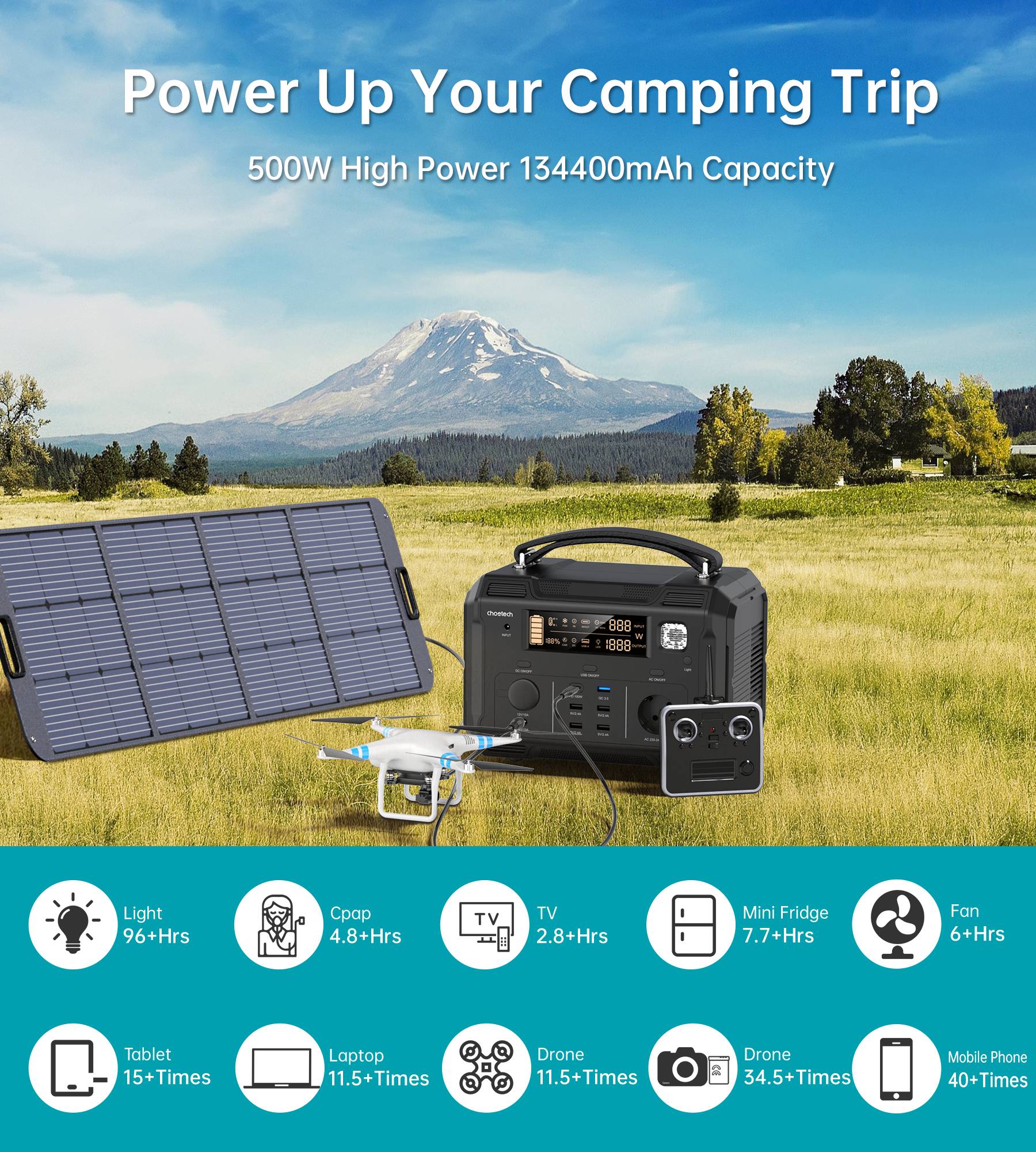 Choetech Power Station 500W 484Wh Solar Akku USB-C PD 100W Notstrom