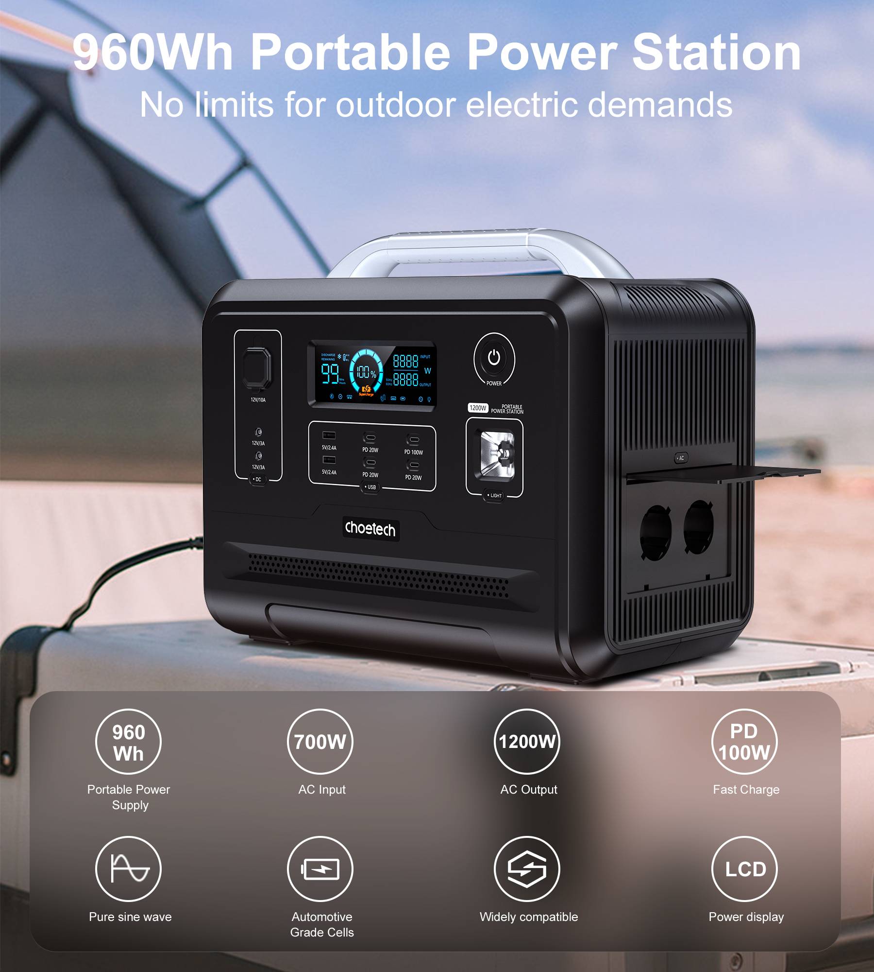 Choetech Power Station 1200W 960Wh LiFePO4 Solar USB-C AC Notstrom Akku