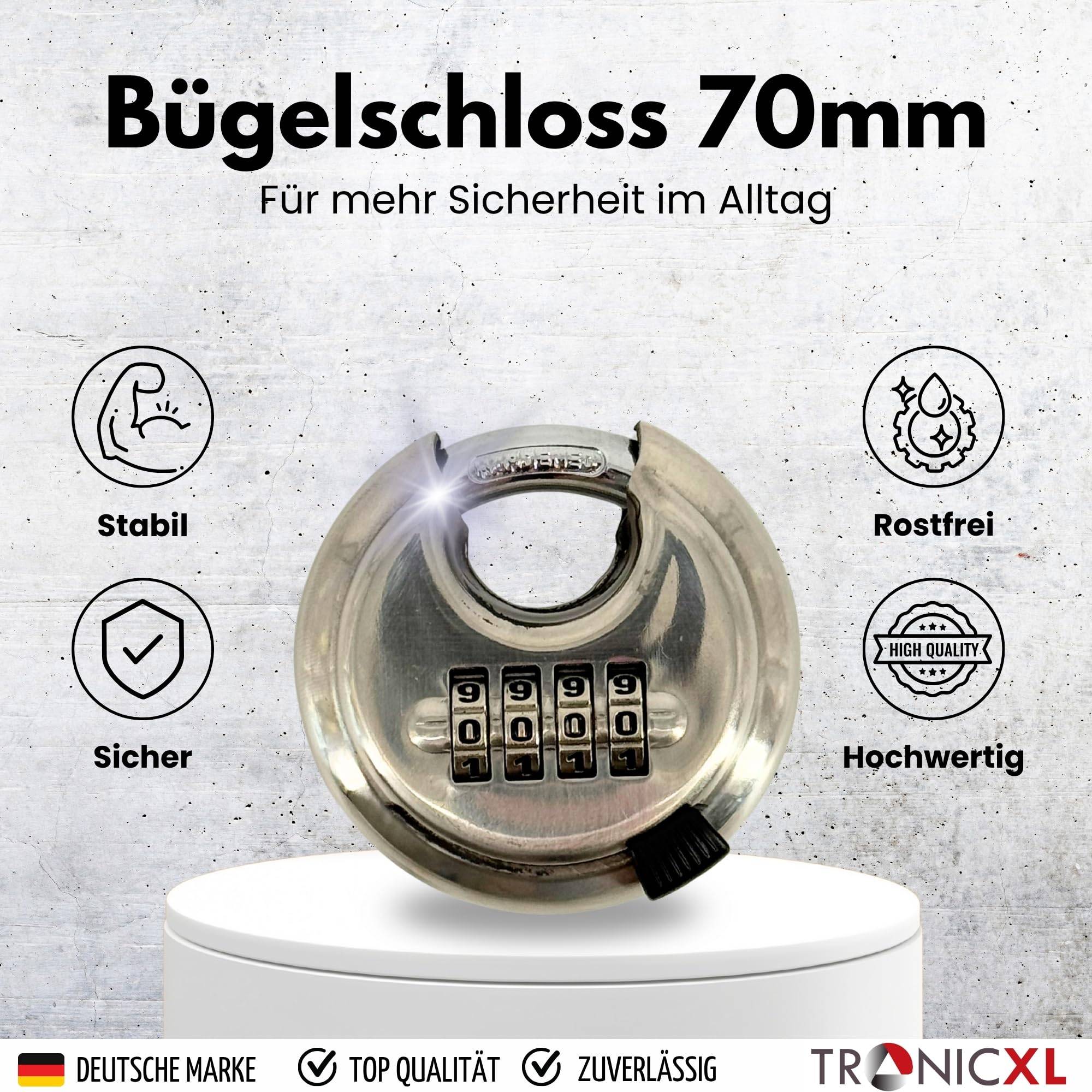 1x Rundbügelschloss 70mm Zahlenschloss Sicherheitsschloss Bügelschloss Vorhängeschloss Edelstahl Kneifschutz