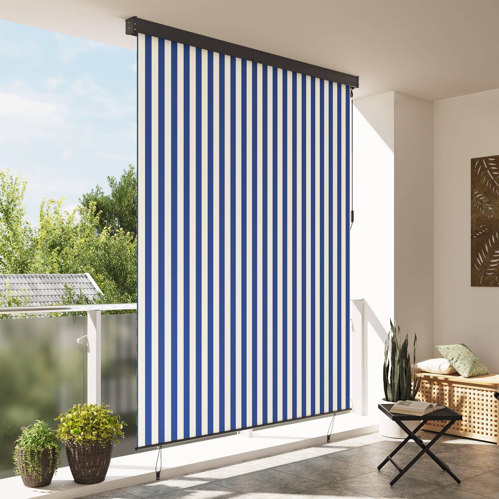 vidaXL Outdoor Rollo Gestreift Verstellbar Blau und weiß 200 x 250 cm Stoff