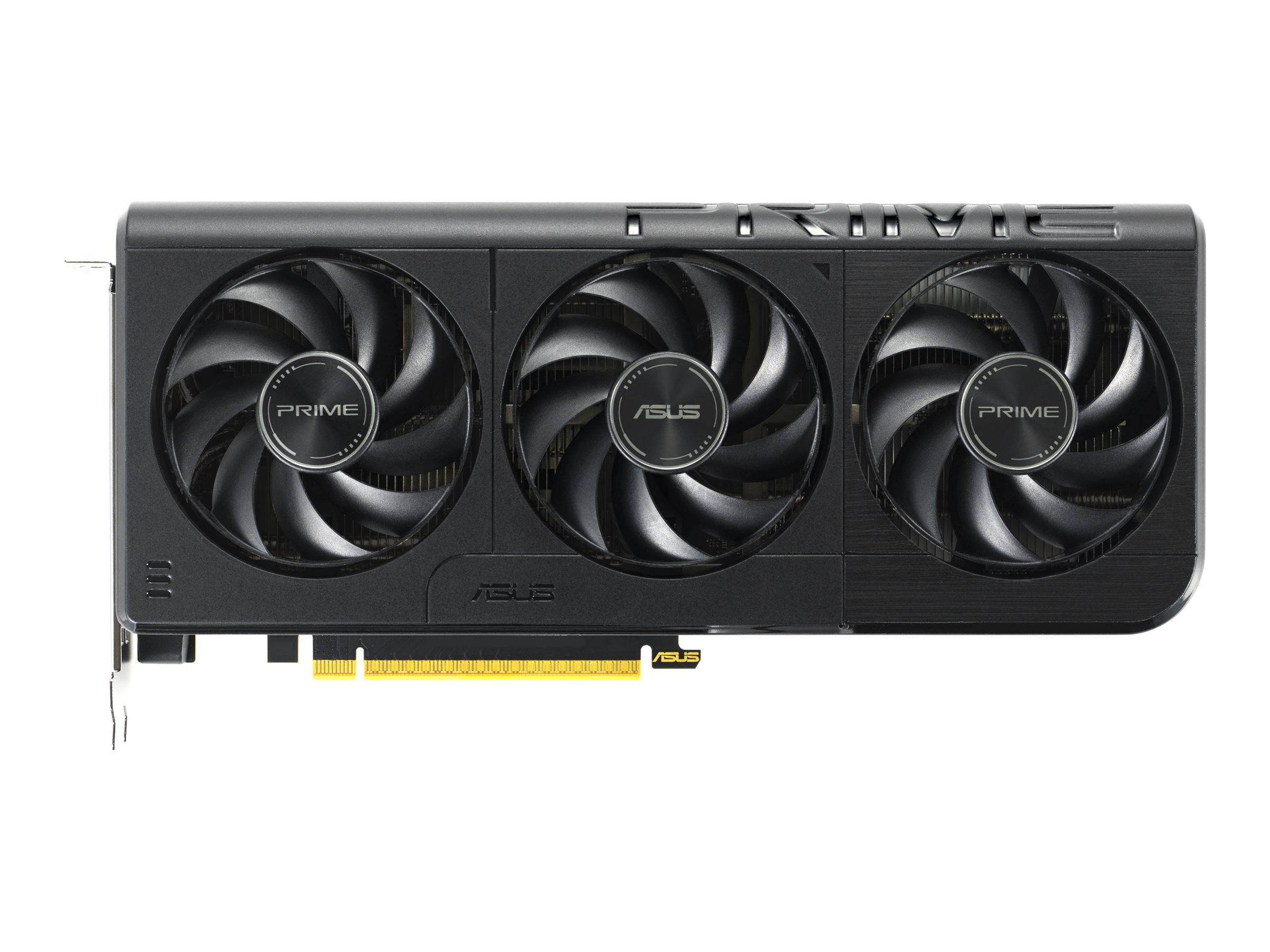 Eine schwarze Grafikkarte mit drei Kühlventilatoren, beschriftet mit 'PRIME' und 'ASUS', mit einem goldenen PCIe-Anschluss an der Unterseite.