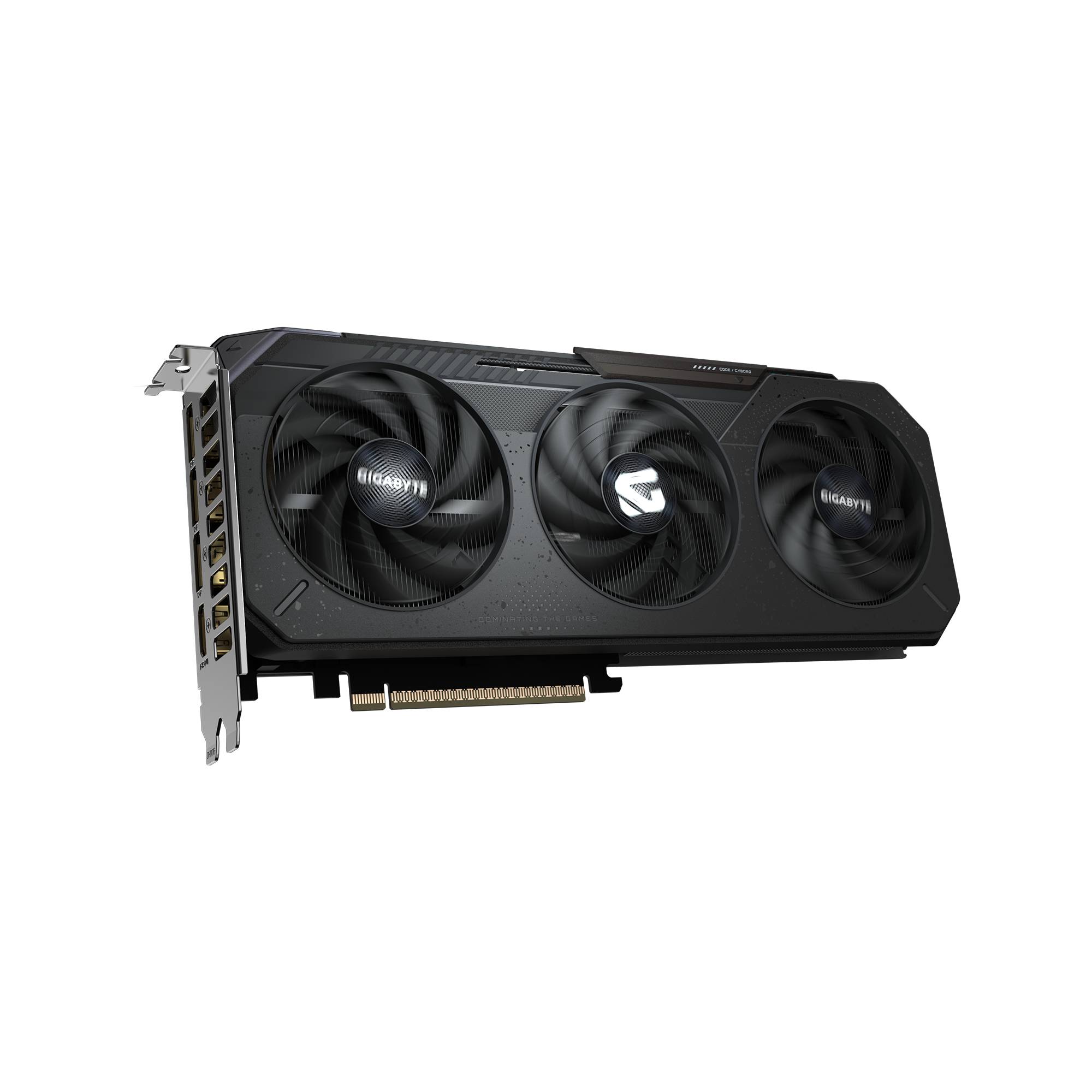 Schwarze Gigabyte-Grafikkarte mit drei Kühlventilatoren auf einem schlichten schwarzen Hintergrund dargestellt.